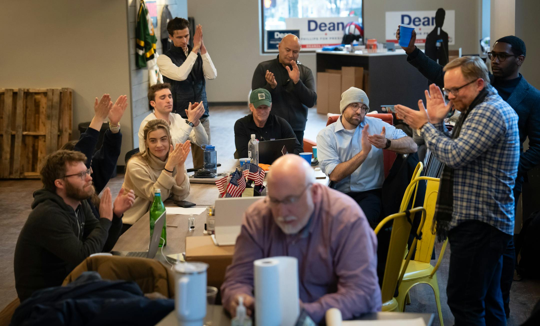 Staffers listened and watched during a conference call inside Dean Phillips’ New Hampshire campaign headquarters Friday, Jan. 19, 2024  Manchester, New Hampshire.    ] GLEN STUBBE • glen.stubbe@startribune.com