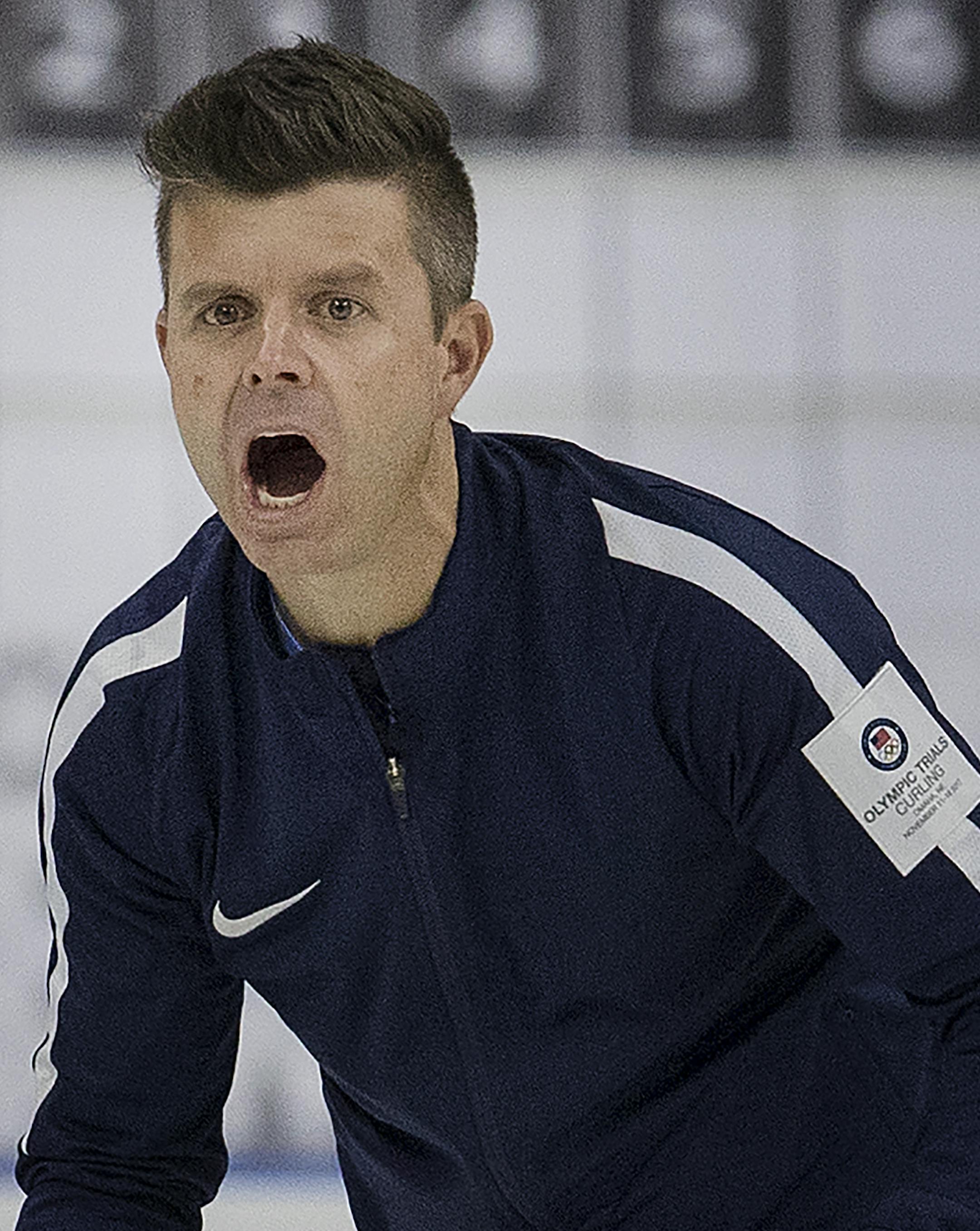 Heath McCormick reacted after delivering the rock during competition on Wednesday. ] CARLOS GONZALEZ ï cgonzalez@startribune.com - November 15, 2017, Omaha, NE, Baxter Arena, US Olympic curling trials