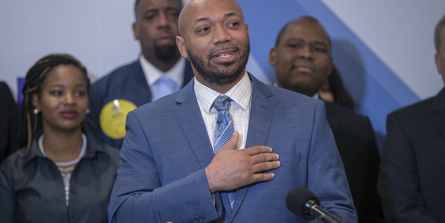 Plaintiff Tierre Caldwell, spoke on behalf of people with felony convictions who are barred from voting while they are on probation, during a press conference at the ACLU of Minnesota, Monday, October 21, 2019 in Minneapolis, MN. The ACLU of Minnesota and national ACLU announced a major new voting rights lawsuit during the press conference. ] ELIZABETH FLORES &#x2022; liz.flores@startribune.com