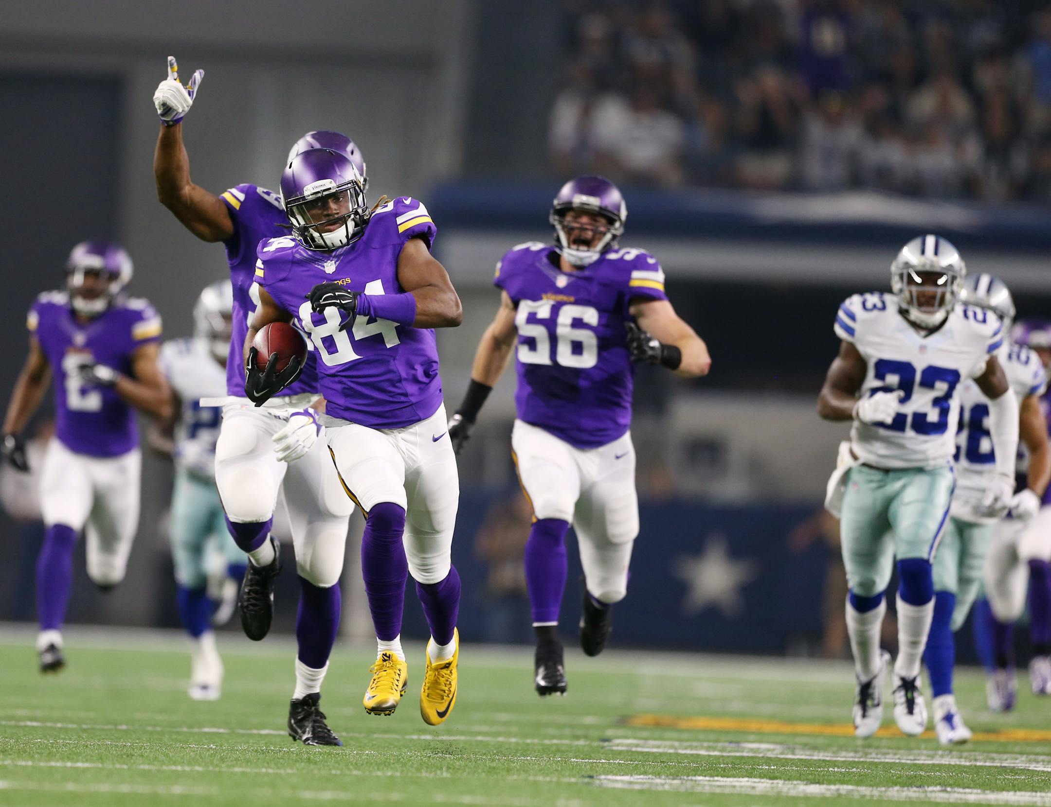 Minnesota Vikings wide receiver Cordarrelle Patterson (84) returned a touch down on a kick off in the second quarter .The Dallas Cowboys played the Minnesota Vikings at AT&T Stadium Saturday August 29 2015 in Arlington, TX. ] Jerry Holt/ Jerry.Holt@Startribune.com