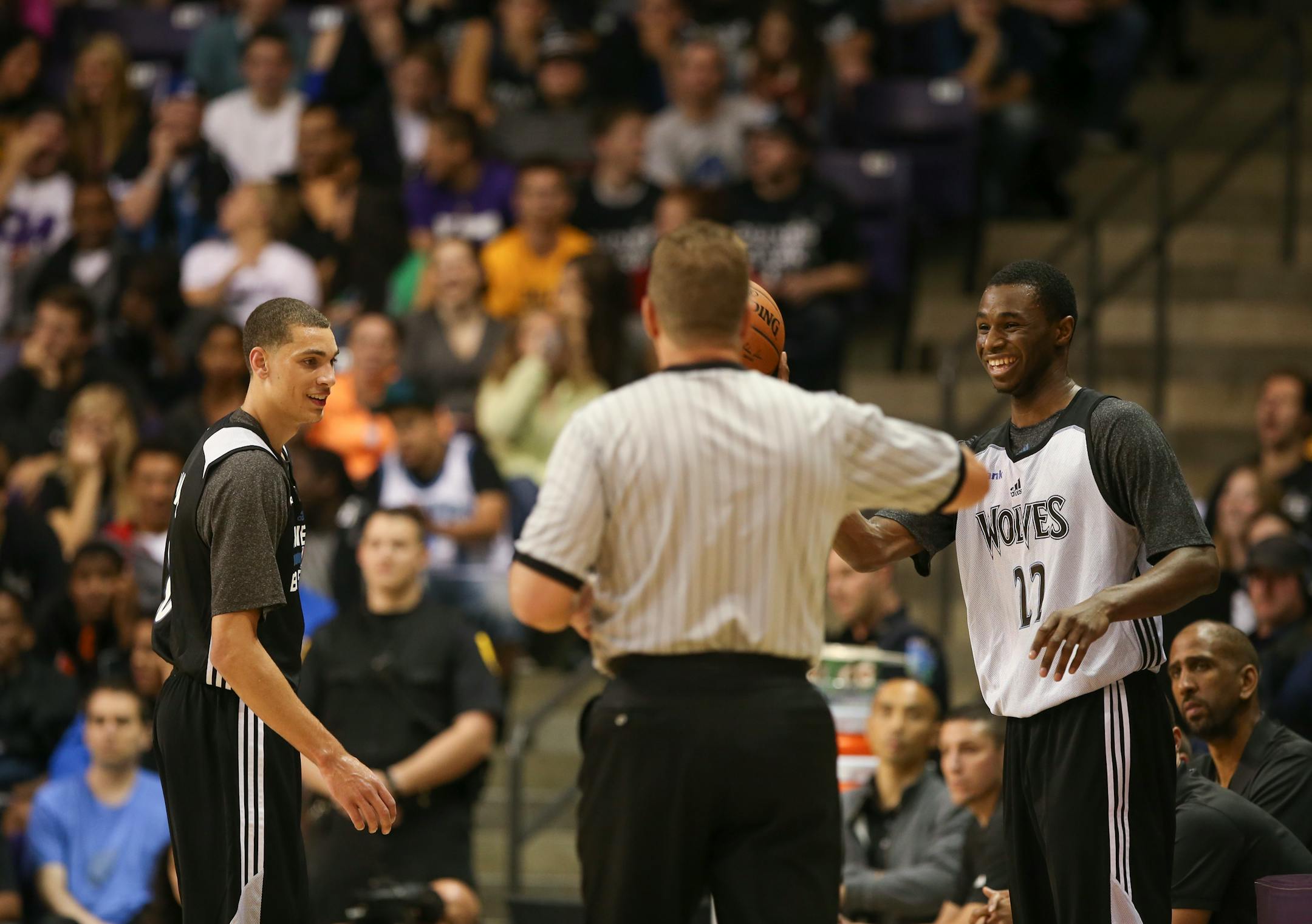 Rookies Zach LaVine, left, and Andrew Wiggins laughed as Wiggins was handed the ball by the referee to inbound the ball during one of the midnight scrimmages at Bresnan Arena in Taylor Center in Mankato.