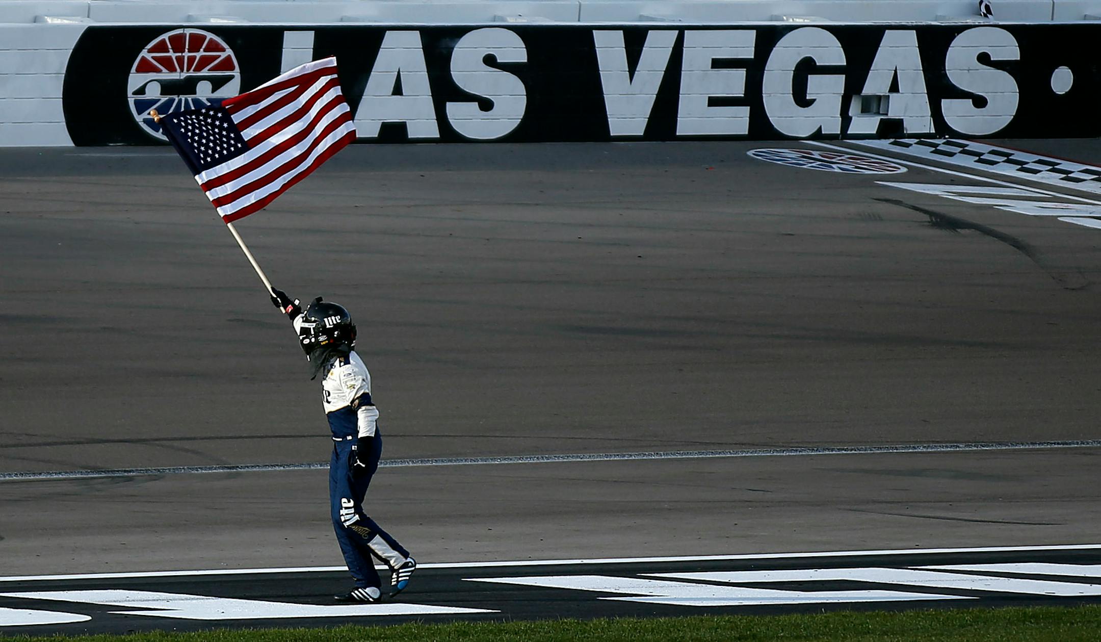 Brad Keselowski celebrated after winning a NASCAR Sprint Cup Series auto race Sunday in Las Vegas.