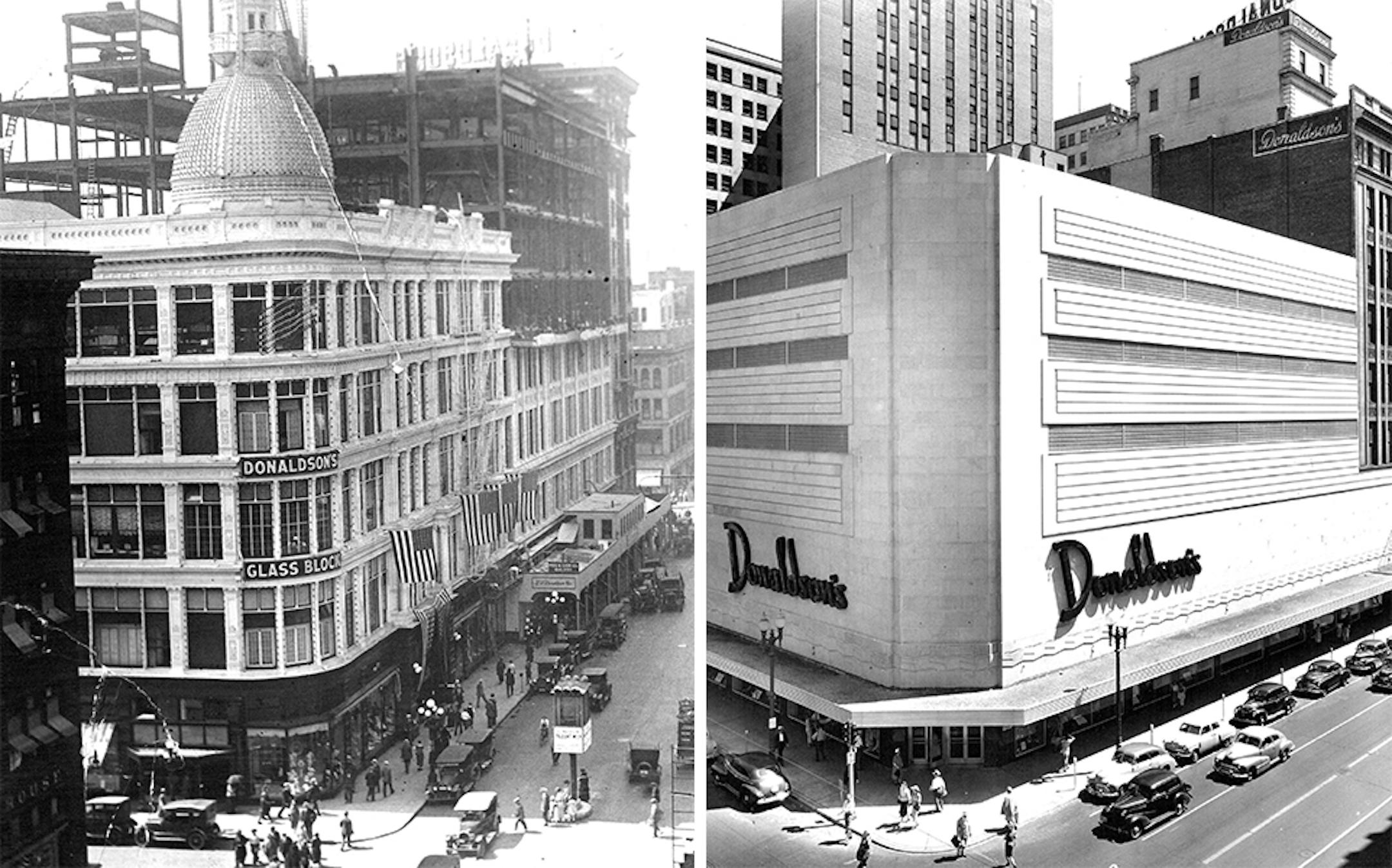 The original five-story portion of Donaldsons, built in 1888 and known as the "Glass Block," got a facade with ribbon windows of glass block and Moderne detailing at midcentury.