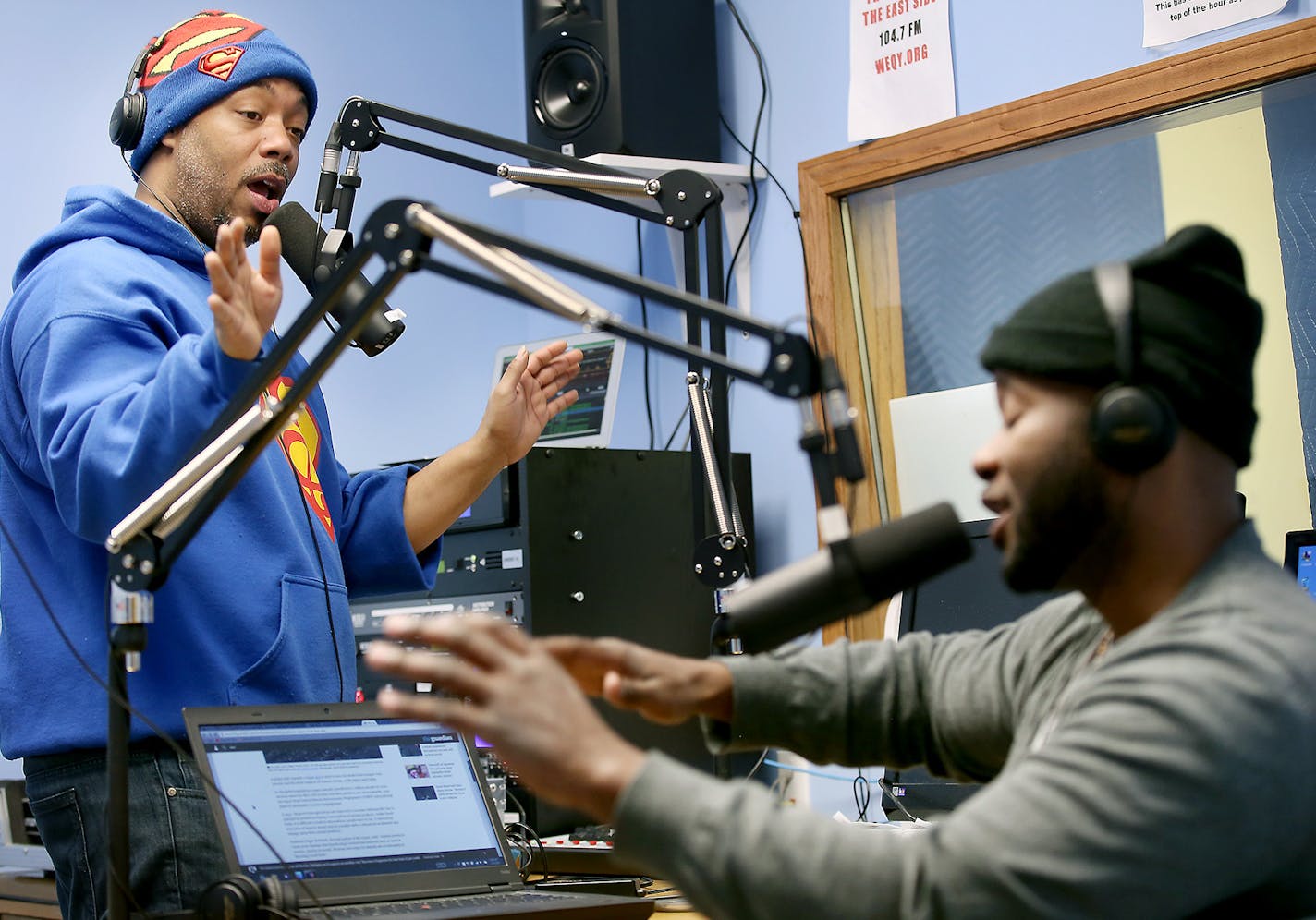 Shay "Glorius" Martin, aka "DJ Huh What," left, and Nick "Mastermind" Mohammad, cq, talked about the topic of KKK article, during the morning show at WEQY 104.7 FM, the East Side's new neighborhood radio station, Monday, February 8, 2016 in St. Paul, MN. ] (ELIZABETH FLORES/STAR TRIBUNE) ELIZABETH FLORES &#x2022; eflores@startribune.com