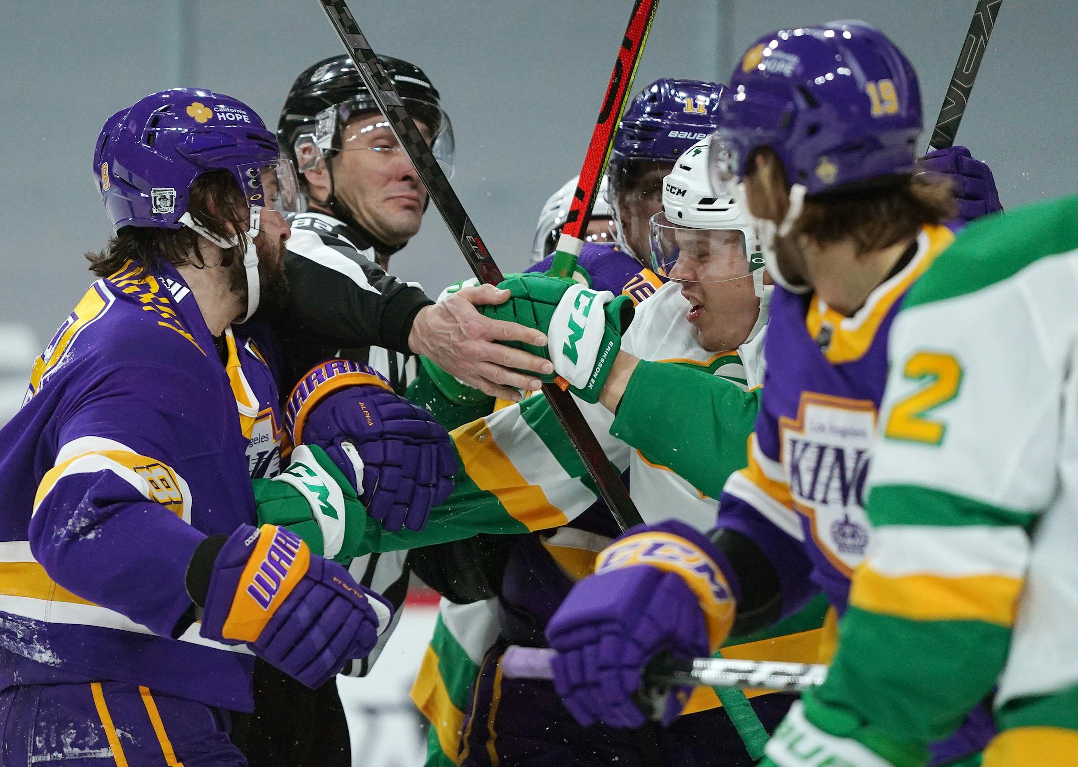 Los Angeles Kings defenseman Drew Doughty (8) took a swing at Minnesota Wild center Joel Eriksson Ek (14) in the second period. ] ANTHONY SOUFFLE • anthony.souffle@startribune.com
