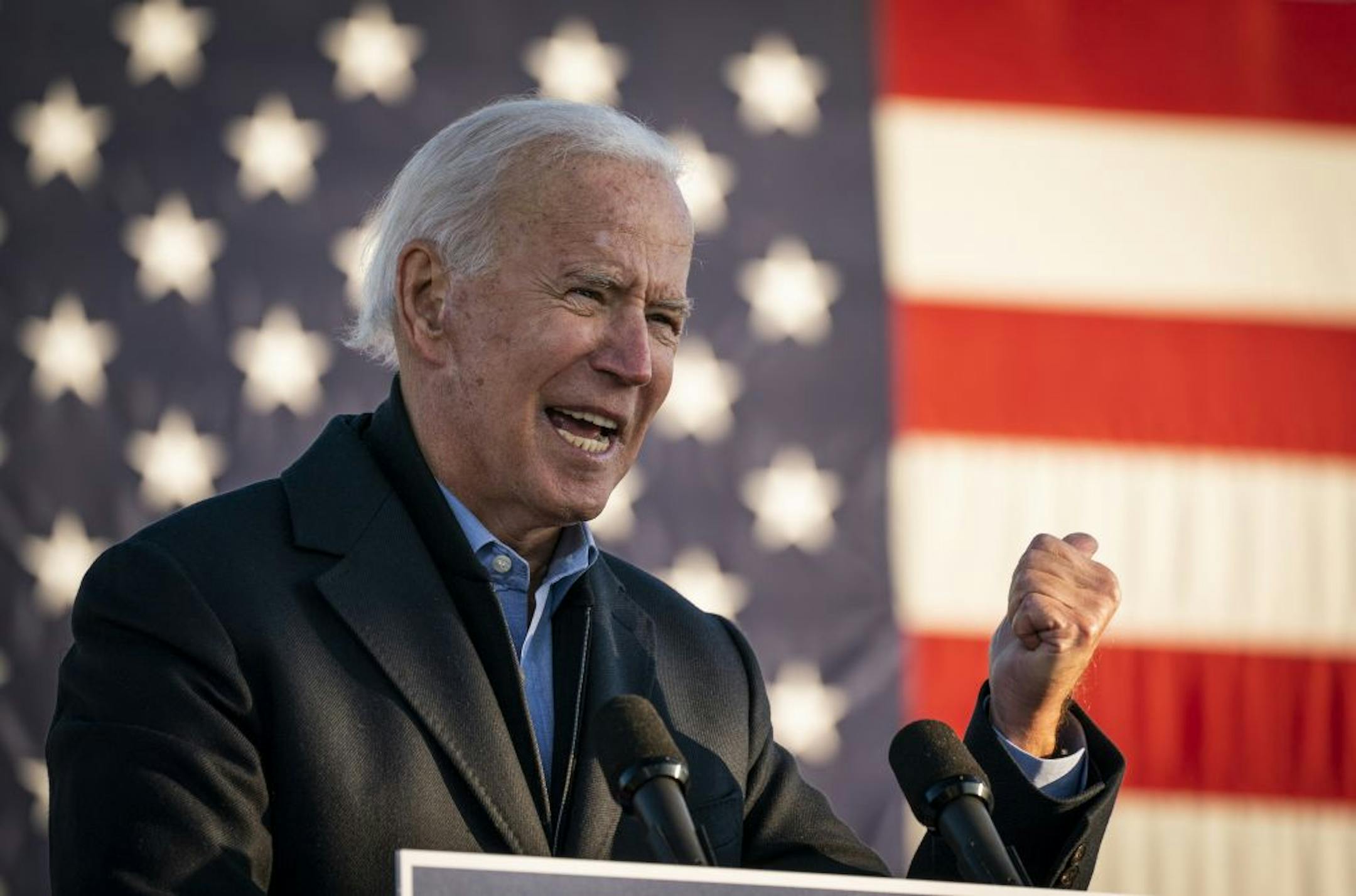 Former Vice President Joe Biden spoke during a drive-in campaign event in Falcon Heights.