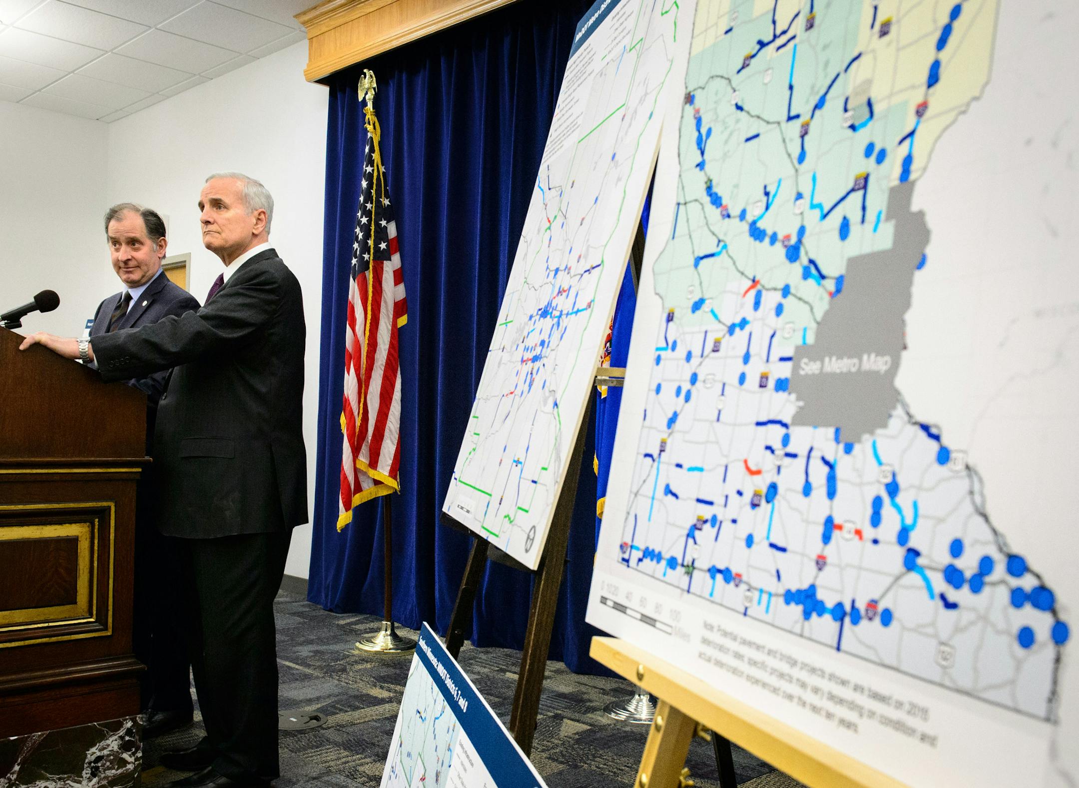Governor Mark Dayton and transportation commissioner Charles Zelle announced a detailed list of statewide transportation projects that would be funded under his budget proposal. ] GLEN STUBBE * gstubbe@startribune.com Tuesday, February 17, 2015