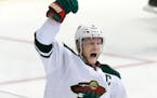 Minnesota Wild center Mikko Koivu celebrates his goal during overtime in Game 5 against the Dallas Stars in the first round of the NHL Stanley Cup pla