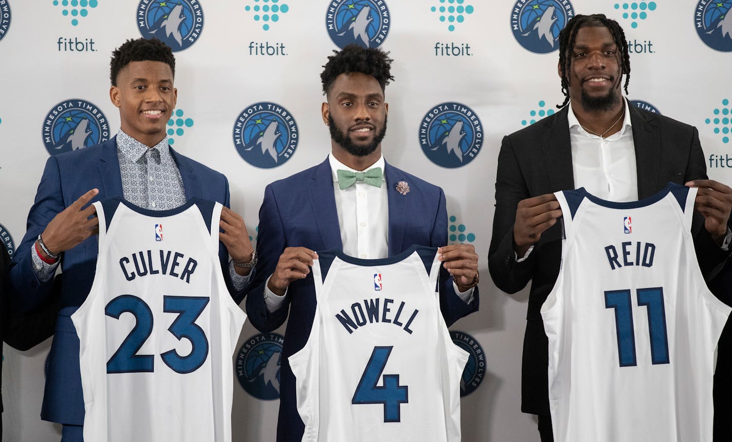 Timberwolves draft picks Jarrett Culver, left, Jaylen Nowell, and undrafted rookie Naz Reid