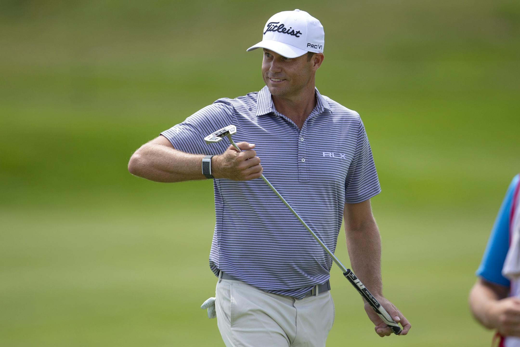 Nick Watney smiles after a birdie during the first round of the 3M Open golf tournament in Blaine, Minn., Thursday, July 23, 2020.
