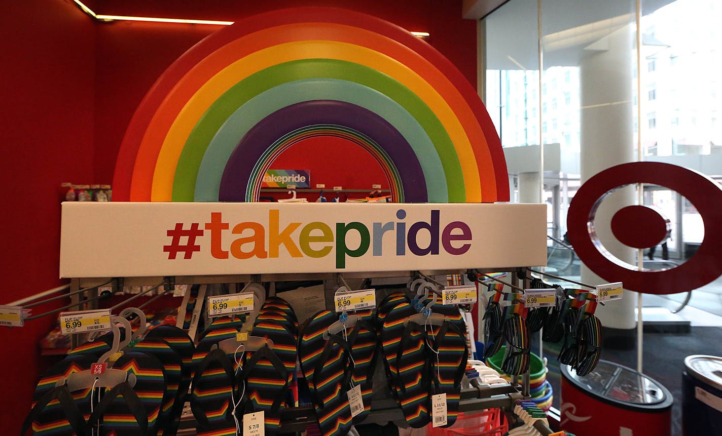 Target stores, including the one on Nicollet Mall, offer a variety of rainbow-themed pride merchandise. ] JIM GEHRZ&#xef;james.gehrz@startribune.com (JIM GEHRZ/STAR TRIBUNE) / June 23, 2016/ 12:00 PM , Minneapolis, MN - BACKGROUND INFORMATION: Target&#xed;s prominent rainbow-themed pride merchandise displays in select stores has been turning heads. You can also find rainbow gear at Macy's, Old Navy, and Hot Topic. We take a look at the mainstreaming of pride merchandise and how mom and pop shops