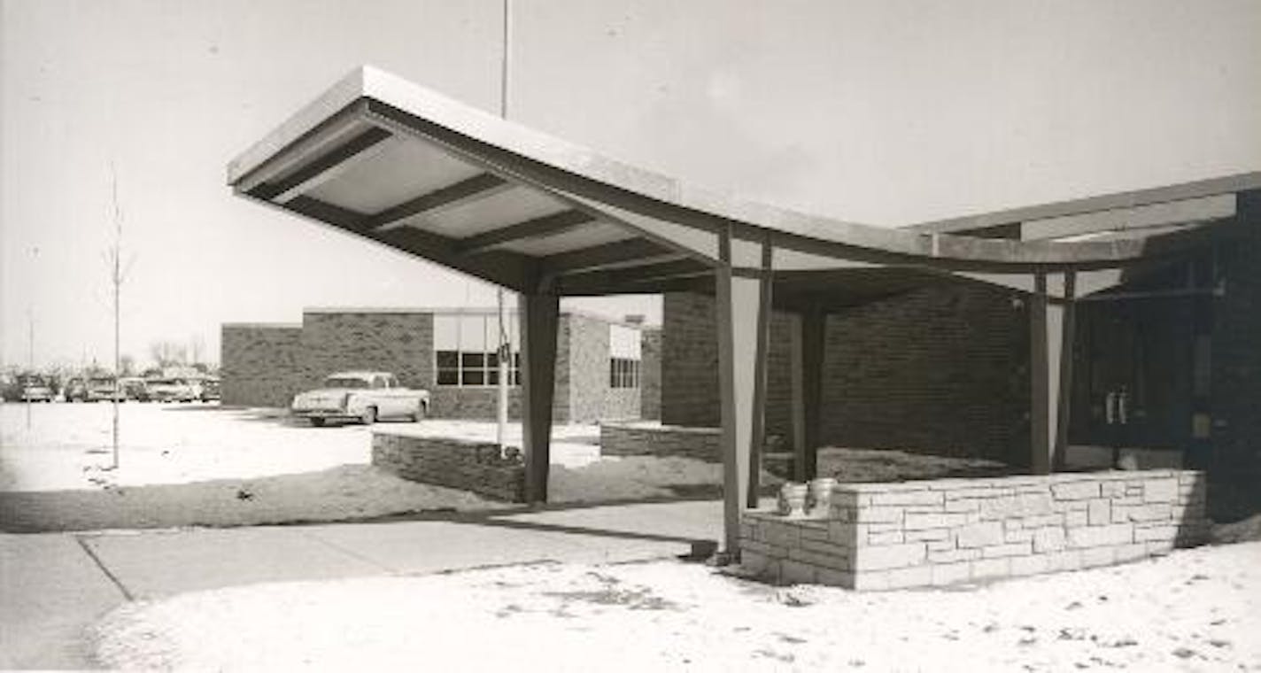 Shingle Creek school and its distinctive entryway