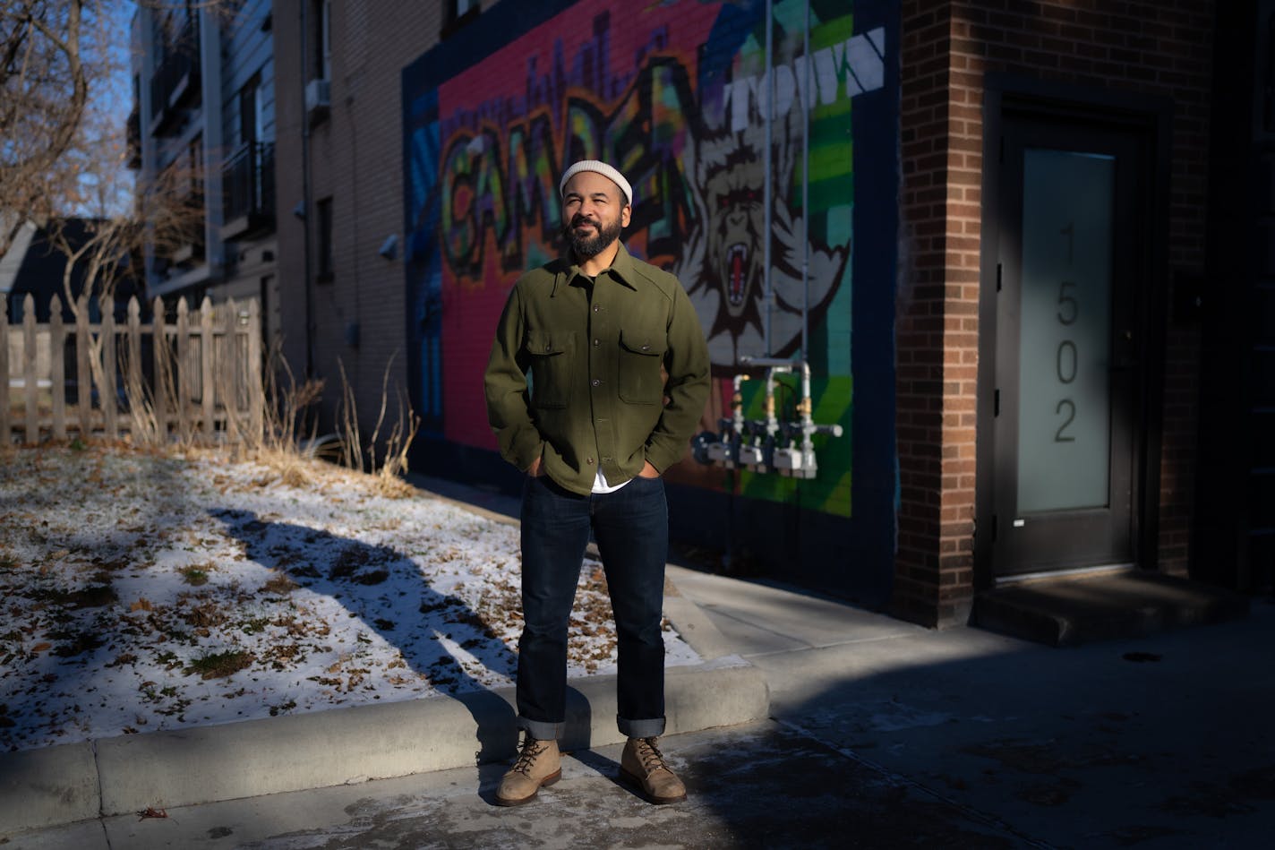 Geoffrey Lamar Wilson outside the Get Down Coffee Co, in his Camden neighborhood of Minneapolis Tuesday, Dec. 12, 2023 Minneapolis, Minn. Package on First Avenue's Best New Bands of 2023 showcase leading with a profile of Laamar, a soulful but country-ish singer/songwriter aka Geoffrey Lamar Wilson, who returned home to Minnesota from Brooklyn to focus on his music career here ] GLEN STUBBE • glen.stubbe@startribune.com