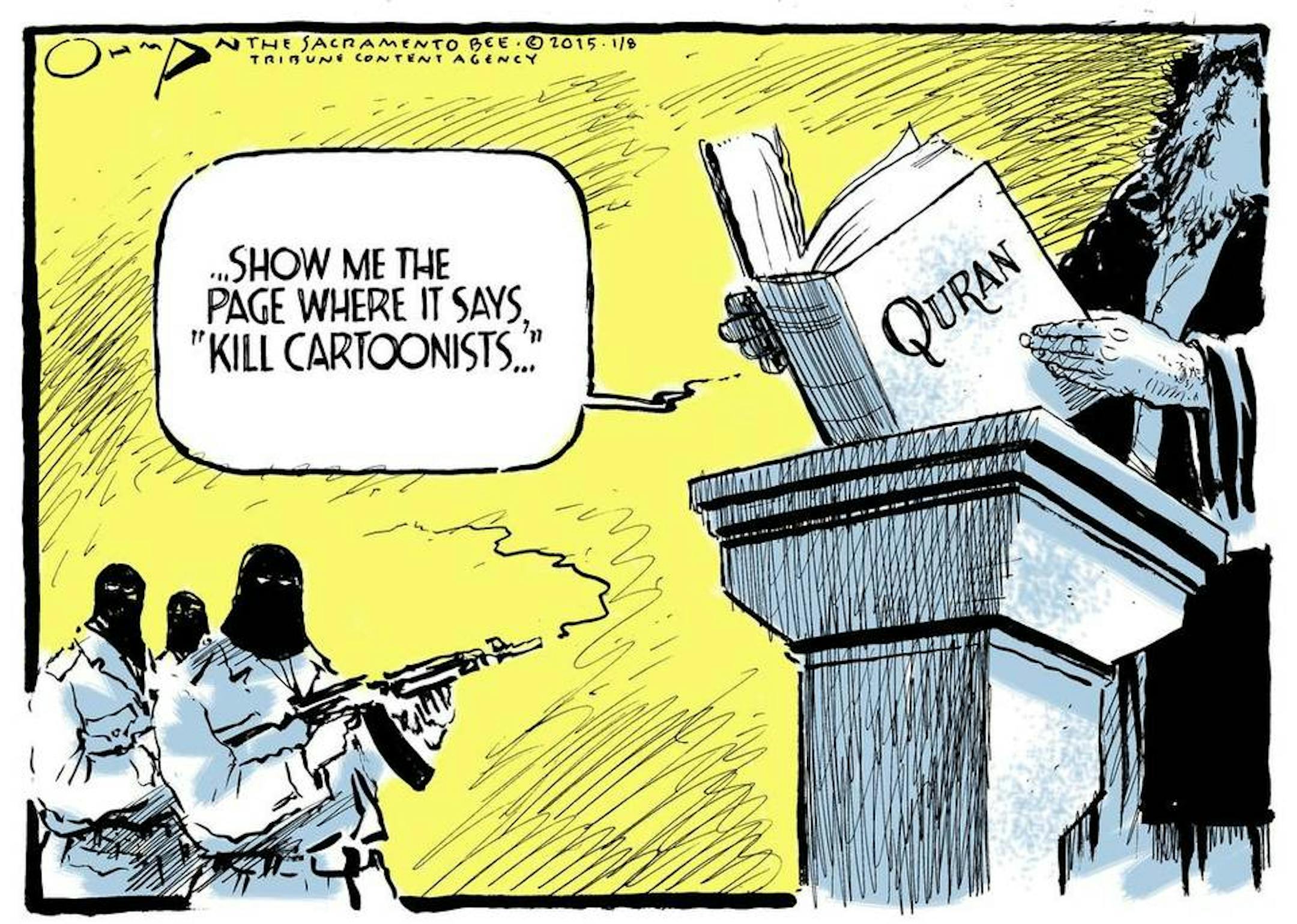 Jack Ohman drew this cartoon after the Jan. 7, 2015, terror attack on the French satirical magazine Charlie Hebdo that killed 12 people.