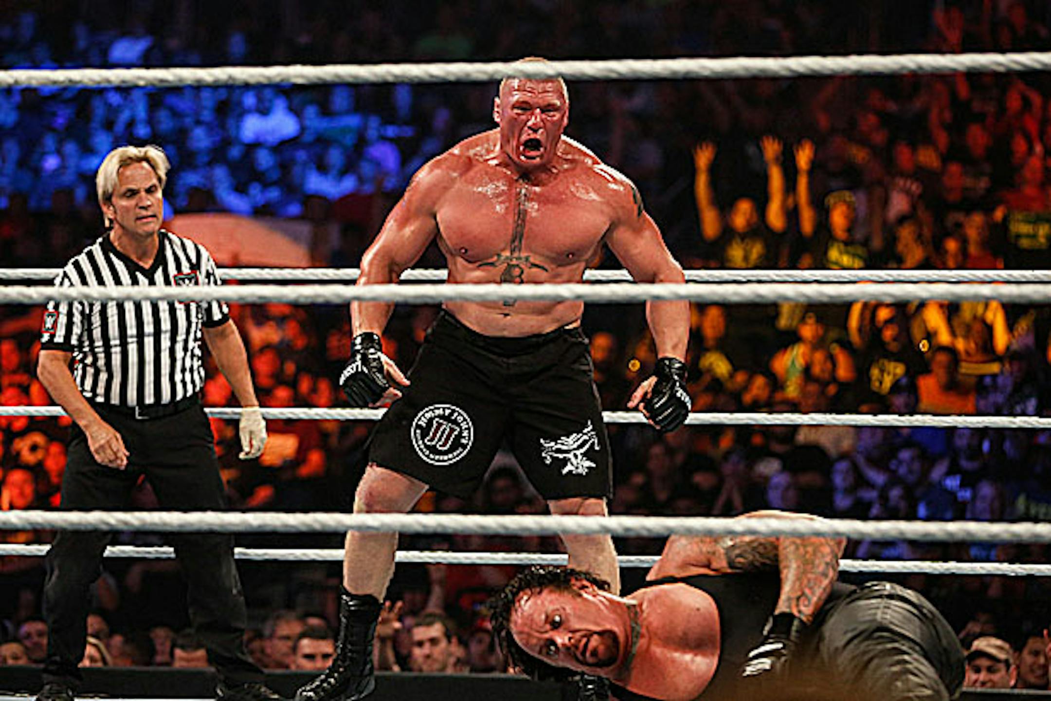 Brock Lesnar and The Undertaker battle it out at the WWE SummerSlam 2015 at Barclays Center of Brooklyn on August 23, 2015, in New York City.