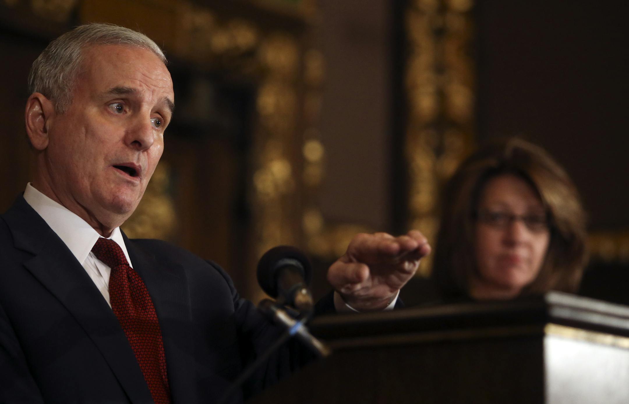 Governor Mark Dayton and DHS Commissioner Cindy Jesson Wednesday, Nov. 13, 2013,at the Governor's reception room at the Capitol in St. Paul, MN.](DAVID JOLES/STARTRIBUNE) djoles@startribune.com Governor Mark Dayton and DHS Commissioner Cindy Jesson will be making an announcement today at 11:45 am.