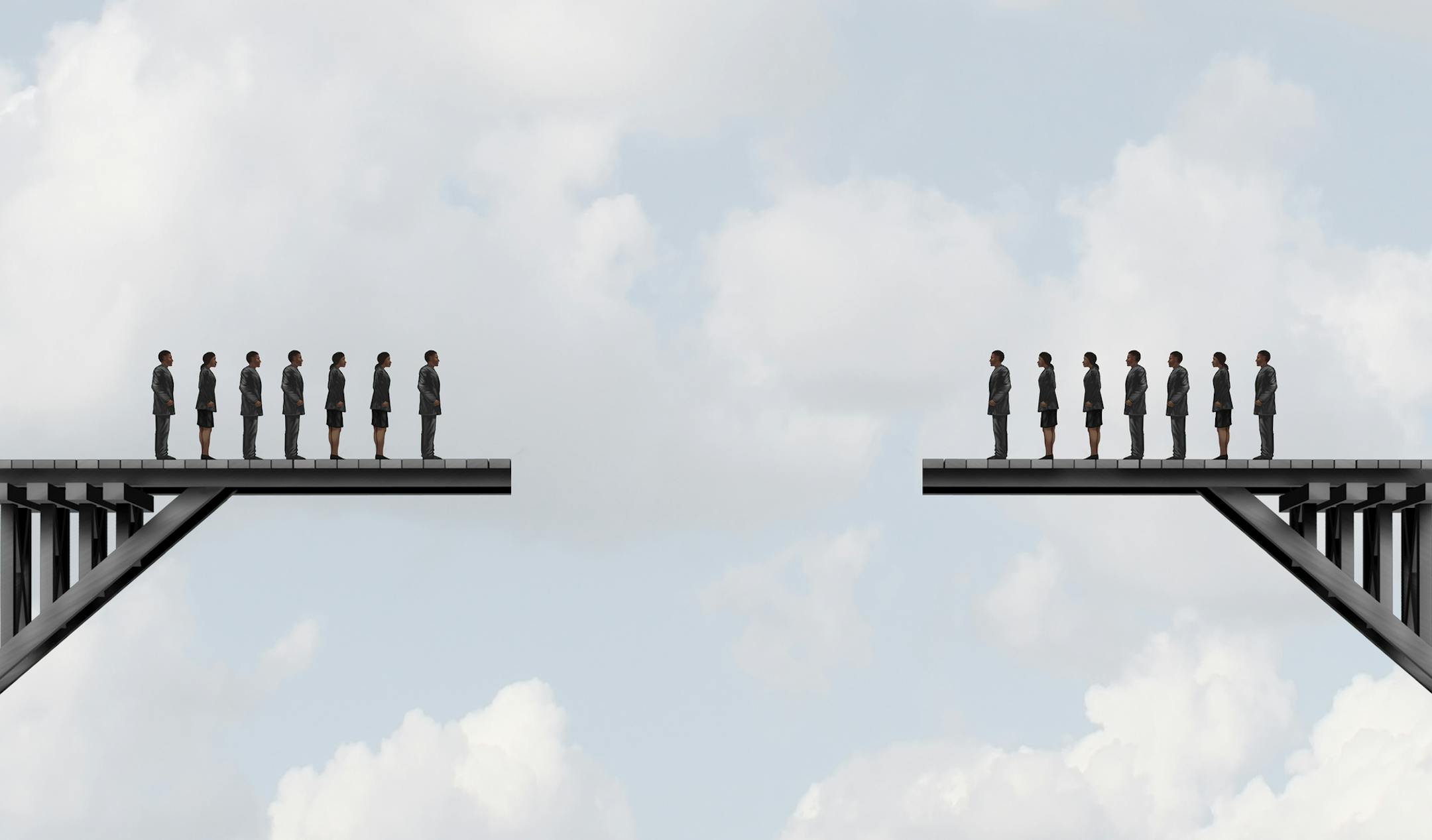 Divided groups concept as two teams of people on a broken bridge as a business metaphor for corporate separation with 3D illustration elements.