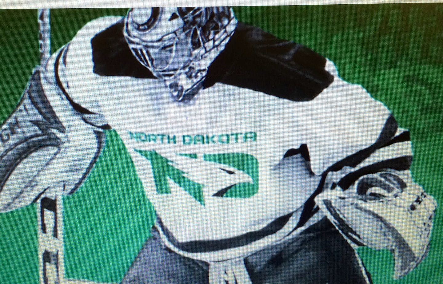 The University of North Dakota's new Fighting Hawks logo is shown on a hockey jersey.