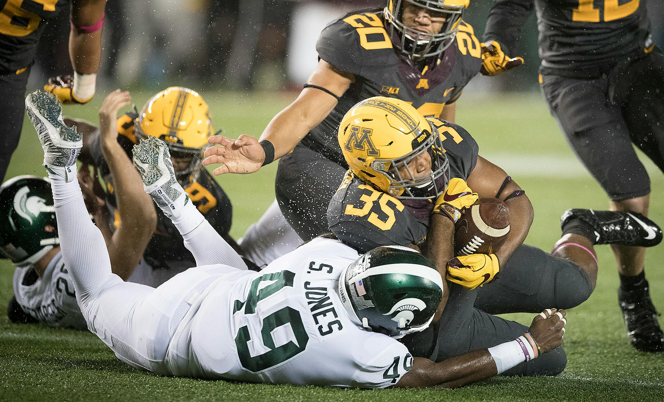 Minnesota linebacker Jaylen Waters recovered a fumble during the first quarter as the Gophers took on Michigan State in October