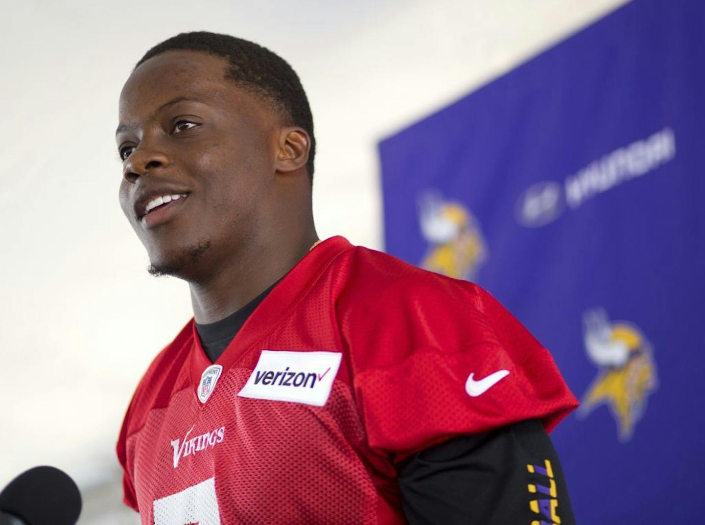 Minnesota Vikings quarterback Teddy Bridgewater speaks at his first press conference since his knee injury last year, during NFL football training camp in Mankato, Minn., Thursday, July 27, 2017.