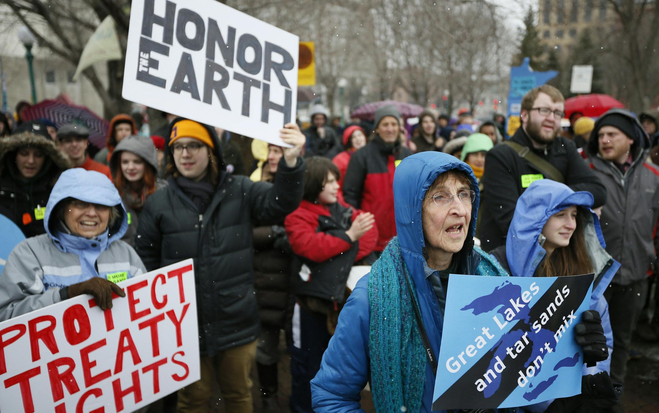 Ann Frisch joined her daughter and granddaughter (who are not pictured) and about 300 others for a rally and march against the Alberta Clipper oil pipeline on Thursday in St. Paul.