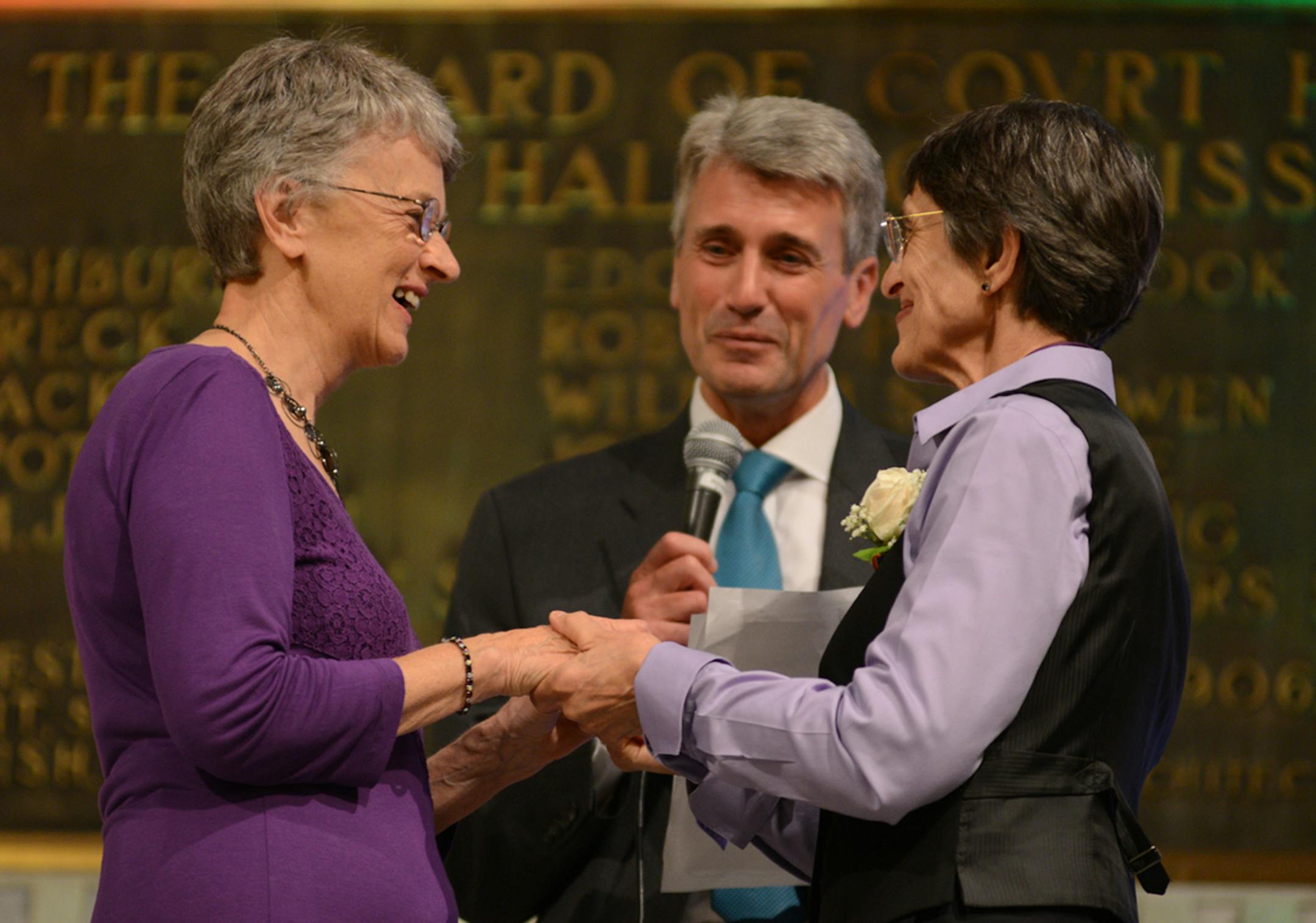 Minneapolis Mayor R.T. Rybak, married 42 same-sex couples in the Minneapolis City Hall Rotunda, starting at midnight on August 1, the first day that all Minnesota couples will enjoy the freedom to marry. Dorothy Eide and Jackie Gohdes were the last to be married at Minneapolis City Hall on the first day of that same sex marriage was made legal.