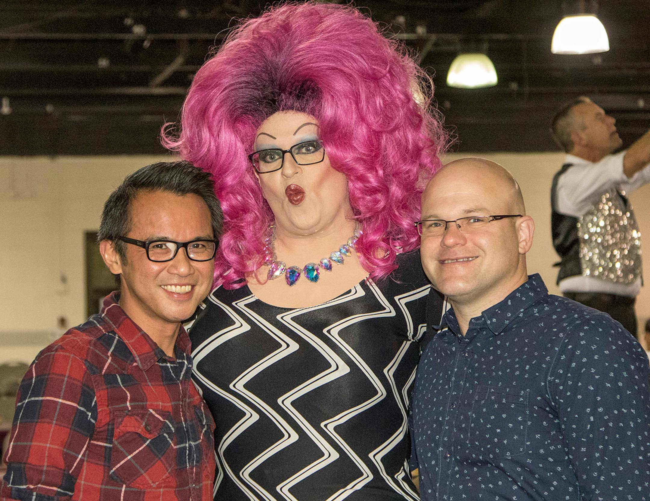 Arvin Sliva (left) and Brian Voss (right) pose with "Gosh Alice Jones" (center).