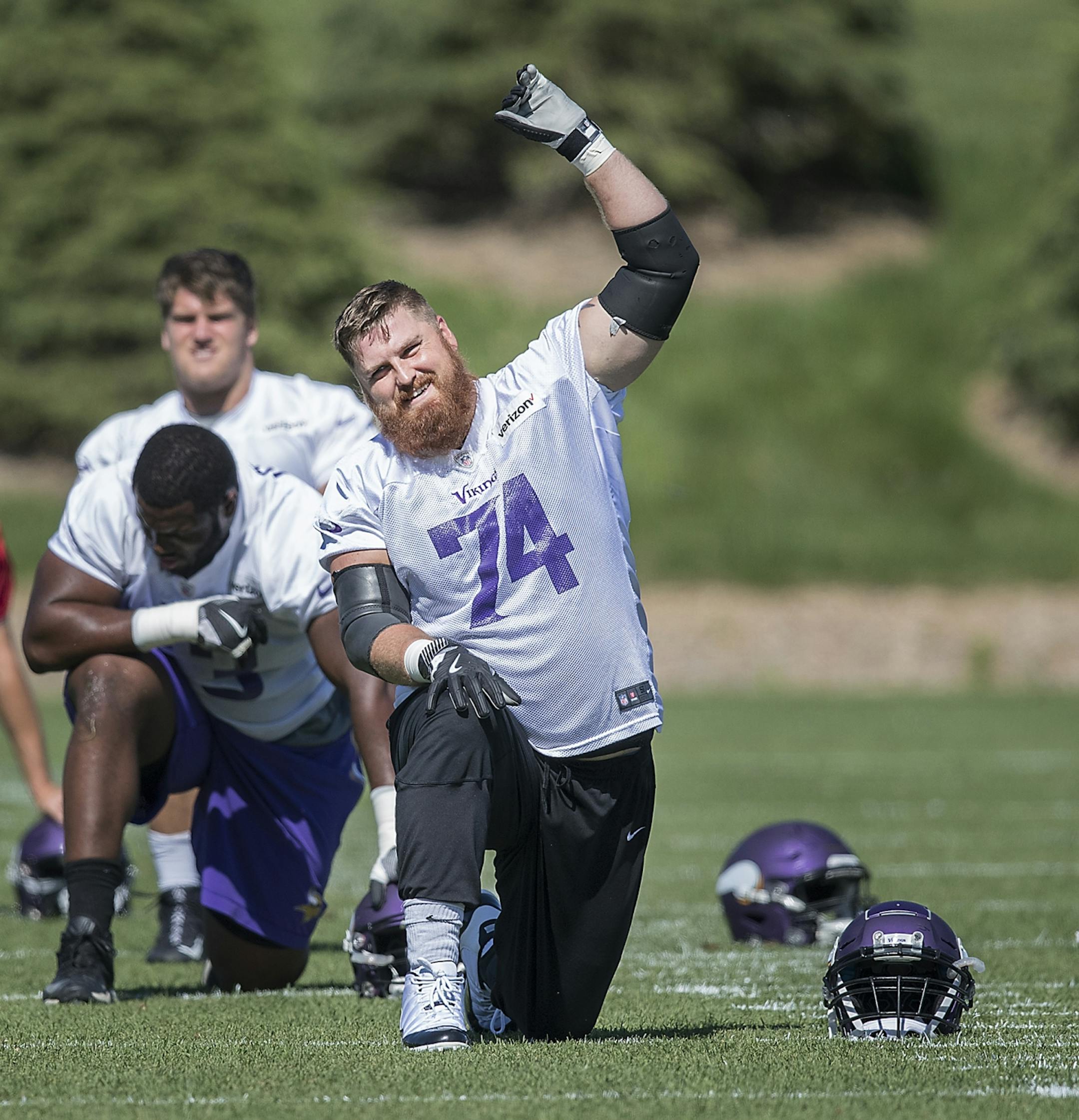 Vikings tackle Mike Remmers stretched before going onto the field for a mandatory Vikings three-day minicamp at the TCO Performance Center, June 13, 2018 in Eagan, MN.