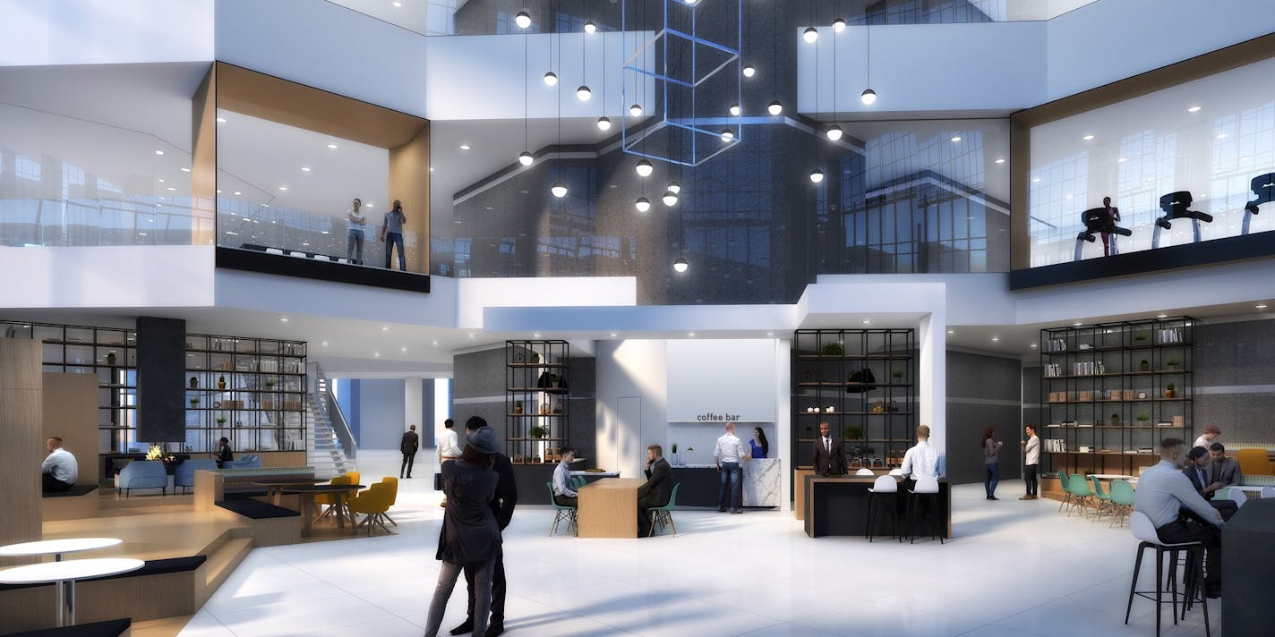 The remodeled lobby will take advantage of its three-story height and provide a coffee bar and space for informal meetings.