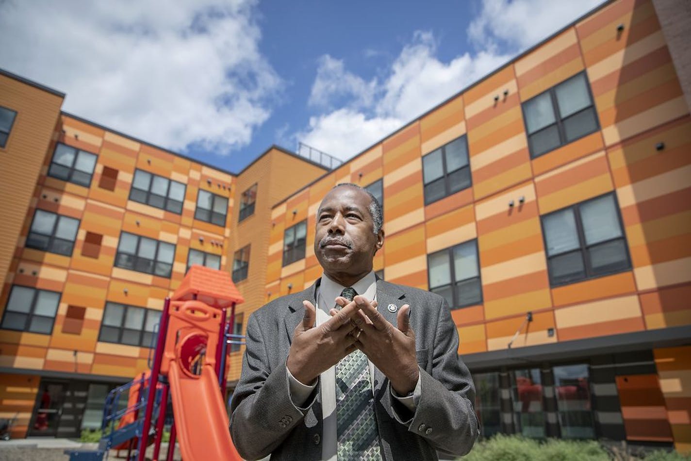 Housing and Urban Development Secretary Ben Carson spoke to the media after a small tour of the EcoVillage Apartments, a community of affordable housing, Tuesday, June 18, 2019 in Minneapolis, MN.