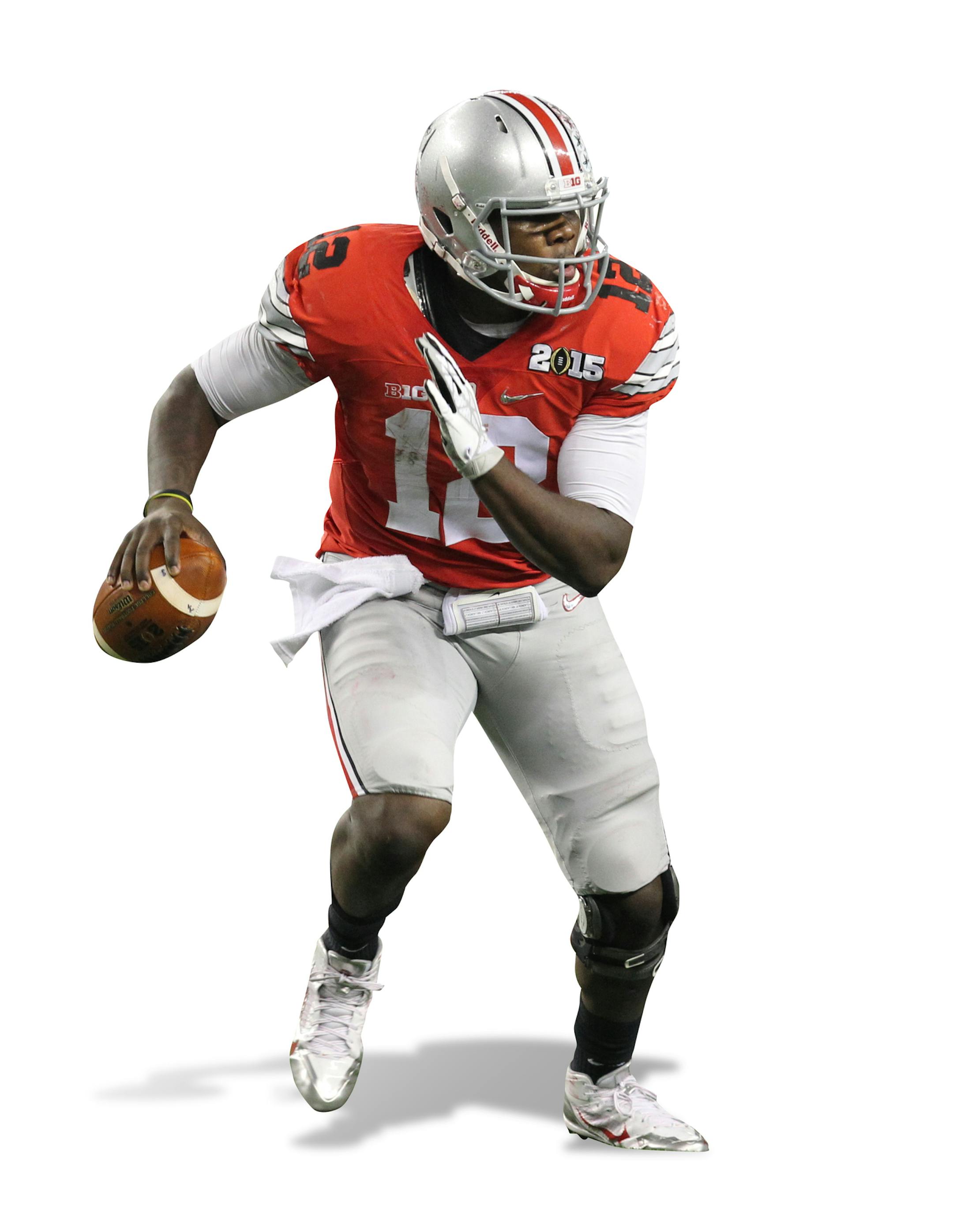 January 12, 2015: Ohio State Buckeyes quarterback Cardale Jones (#12) during the Ohio State Buckeyes game versus the Oregon Ducks in the College Football Playoff National Championship at AT&T Stadium in Arlington, TX. Ohio State won the game 42-20. (Icon Sportswire via AP Images) ORG XMIT: 241648