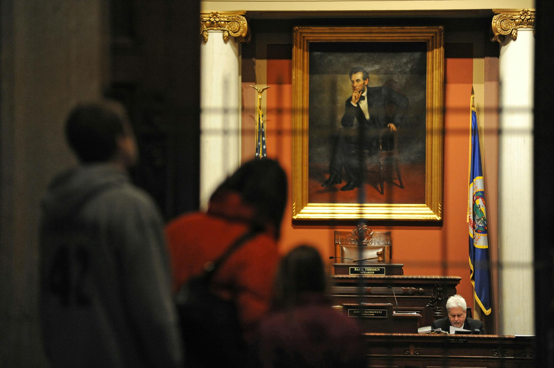 Monday February 18, 2013 was History Matters Day at the Minnesota State Capitol. Civil War re-enactors from Historic Fort Snelling were on hand standing in formation and playing fife and drum music in the rotunda. This portrait of Abraham Lincoln hangs in the House Chamber. ] Richard.Sennott@startribune.com Richard Sennott/Star Tribune. , St Paul Minn. Monday 2/18/13) ** (cq)