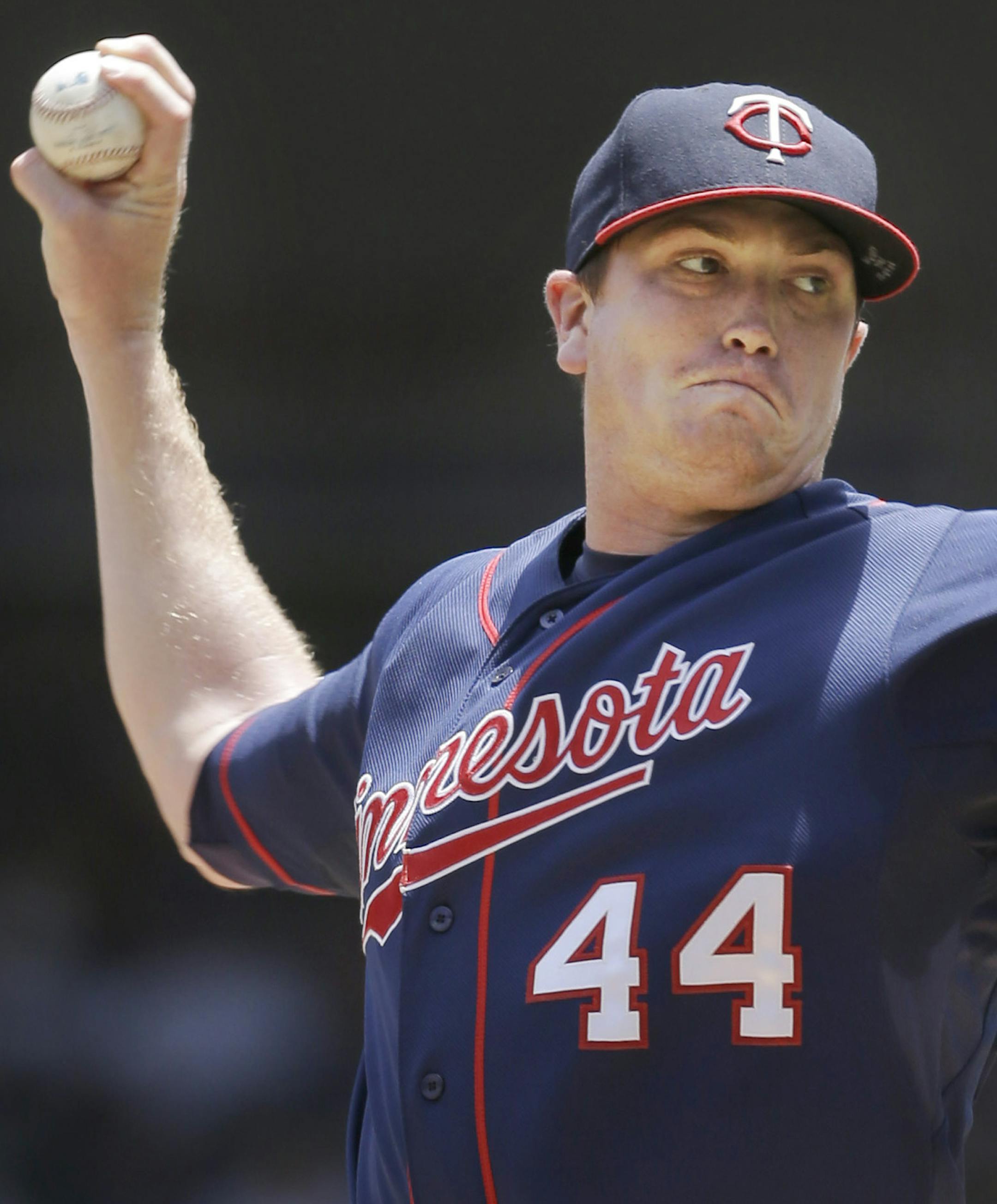 Minnesota Twins starting pitcher Kyle Gibson throws during the first inning of a baseball game against the Texas Rangers in Arlington, Texas, Sunday, June 29, 2014. (AP Photo/LM Otero)