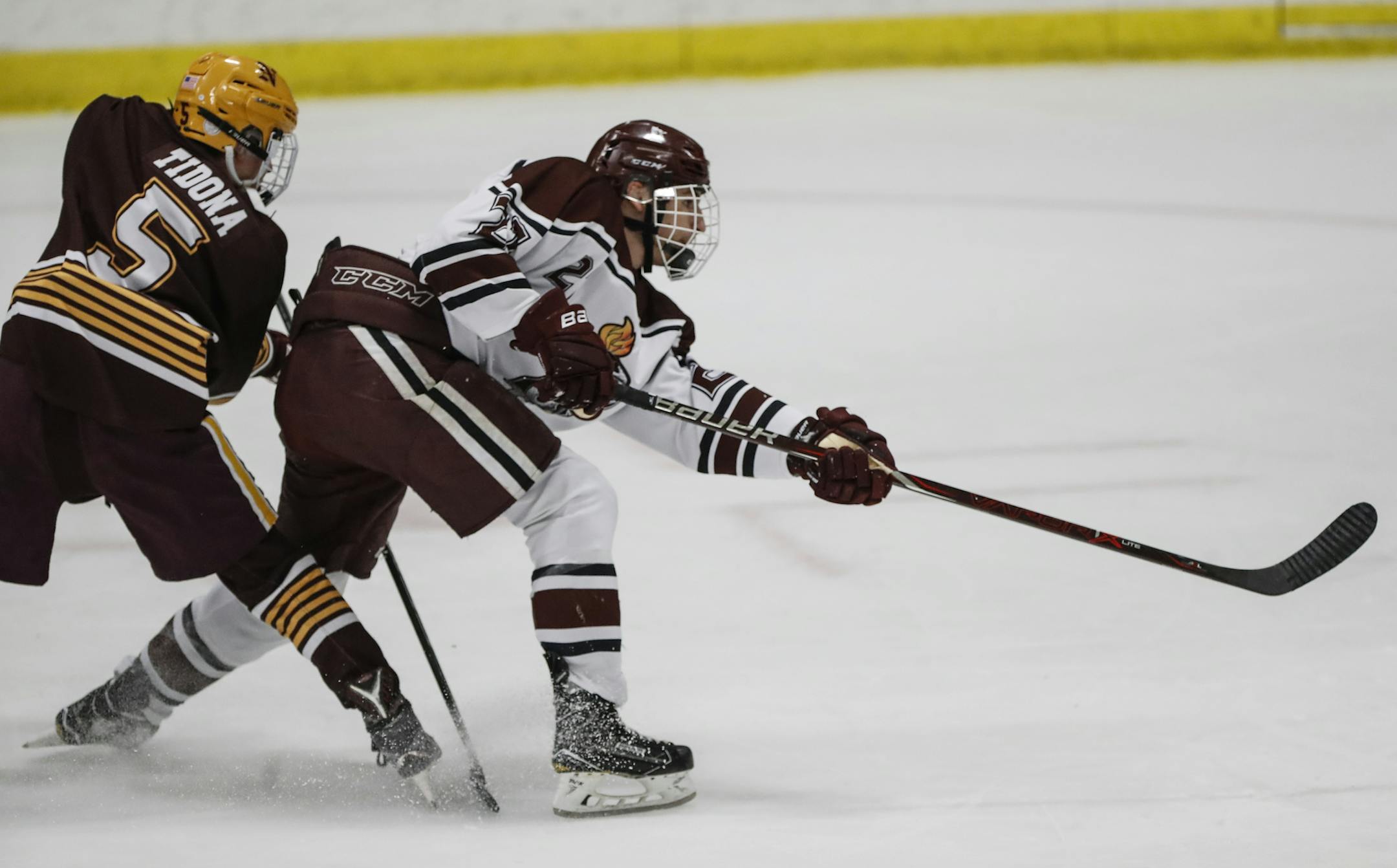St. Paul Johnson's Carl Fish took a shot on goal during the section 4A boys hockey tournament against Northfield on Thursday, February 22, 2018, in Maplewood, Minn. ] RENEE JONES SCHNEIDER • renee.jones@startribune.com