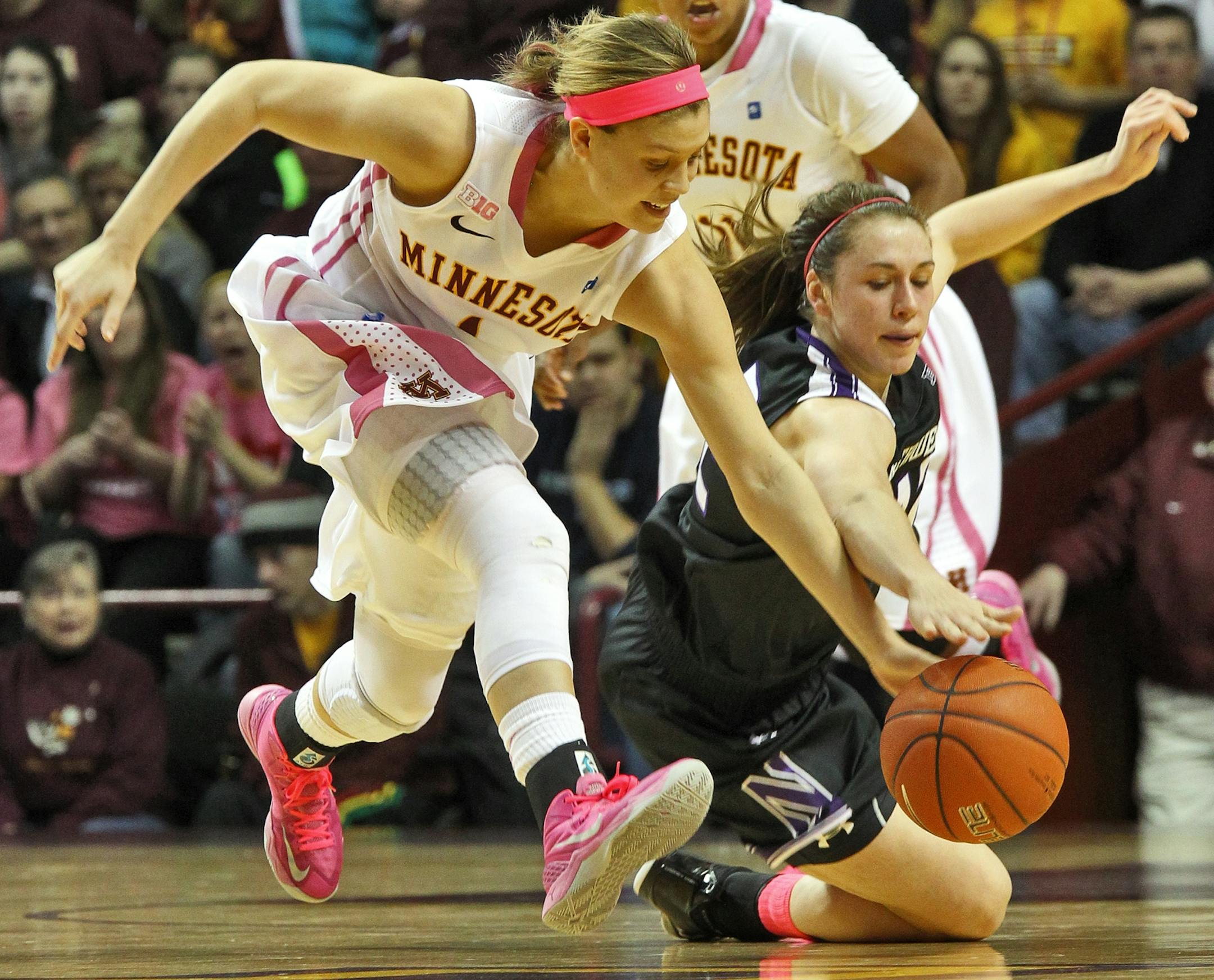 Minnesota's Rachel Banham, left, and Northwestern's Dannielle Diamant