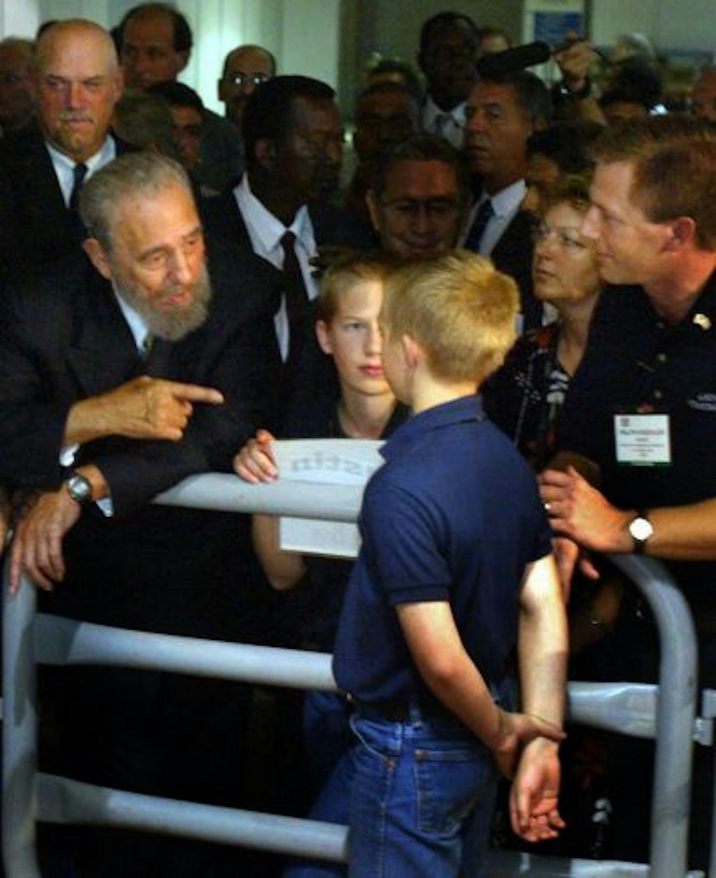 In September 2002, Cuban president Fidel Castro talked with the Kaehler family of St. Charles, Minnesota, at the U.S. Food and Agribusiness Exhibition in Havana, Cuba.