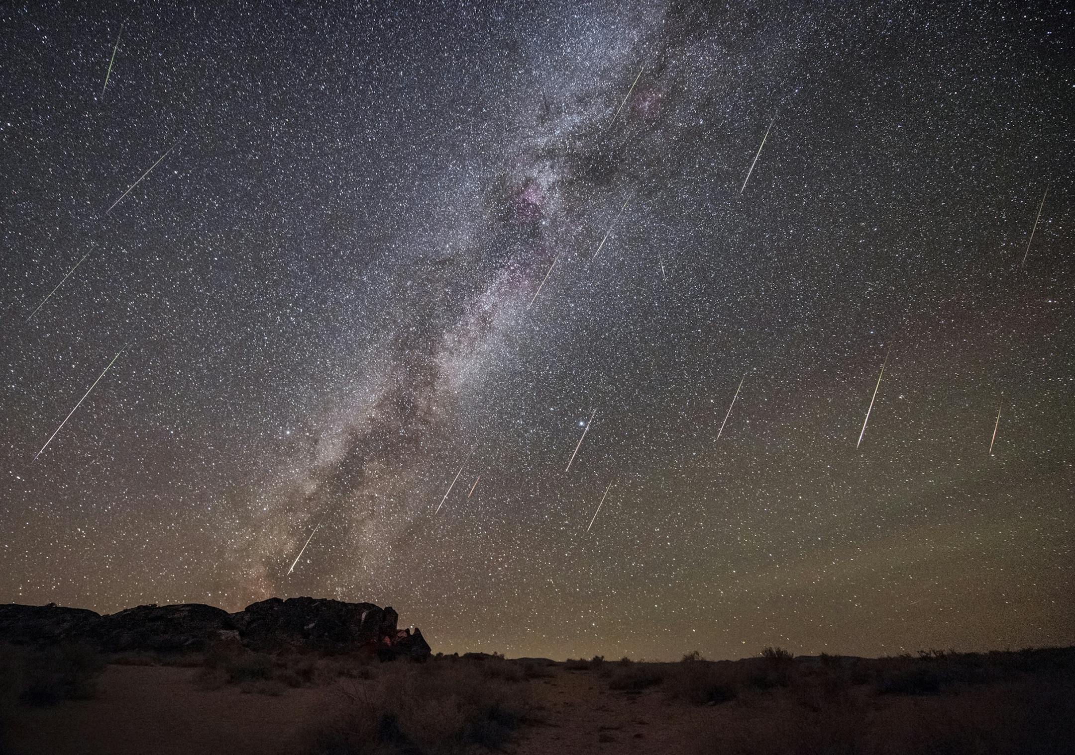 ONE TIME USE. The annual Perseid meteor shower is a reliable source of bright, long-lasting meteors. This all-night composite image from the Volcanic Tablelands in California's Eastern Sierra shows over a dozen meteors that occurred in this west-facing view. The Perseids are coming up again in 2018 and peak on the nights of August 11 and 12.