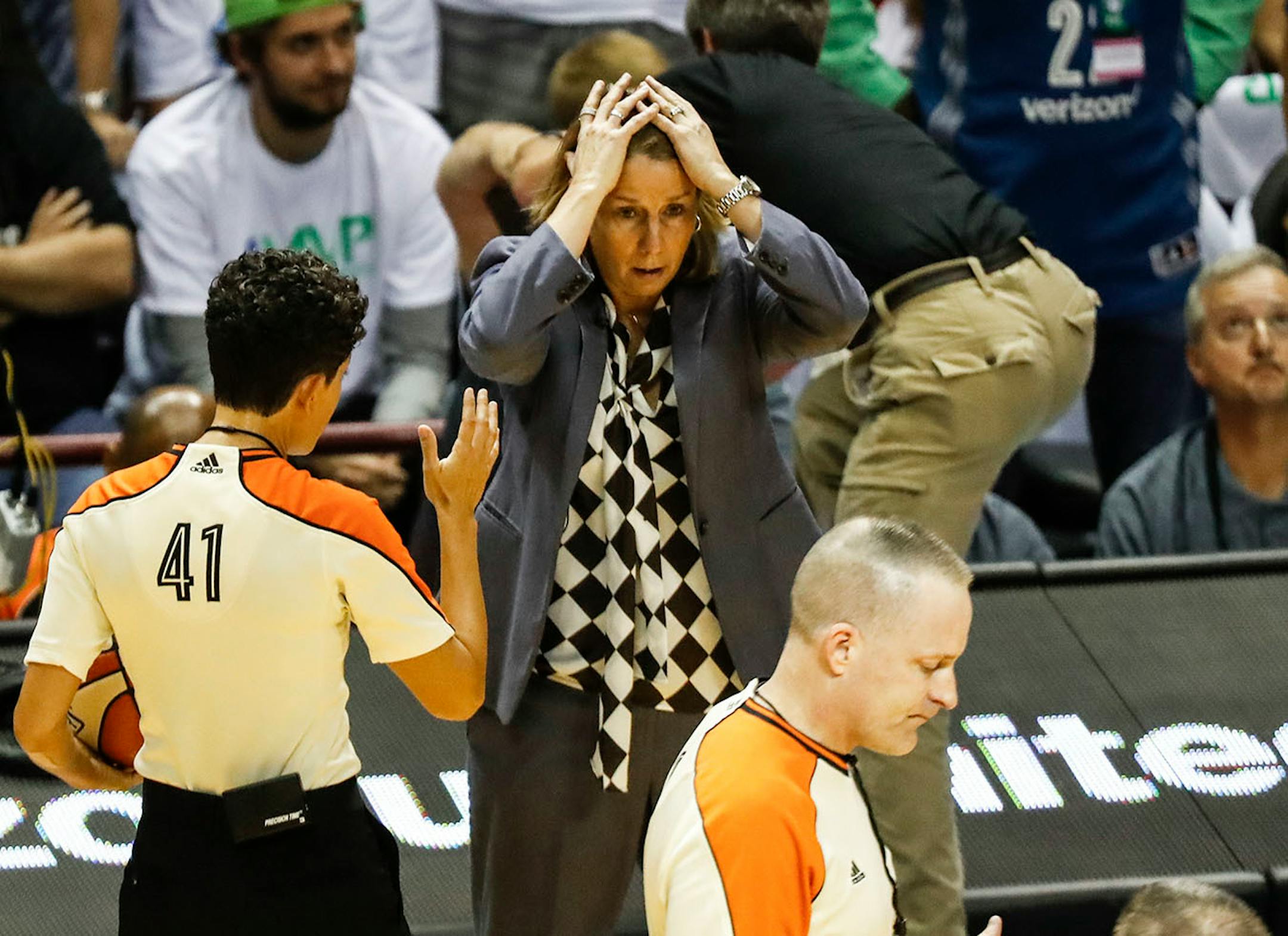 Lynx coach Cheryl Reeve reacted as officials reviewed a foul and the lynx trained the Sparks during the first half.