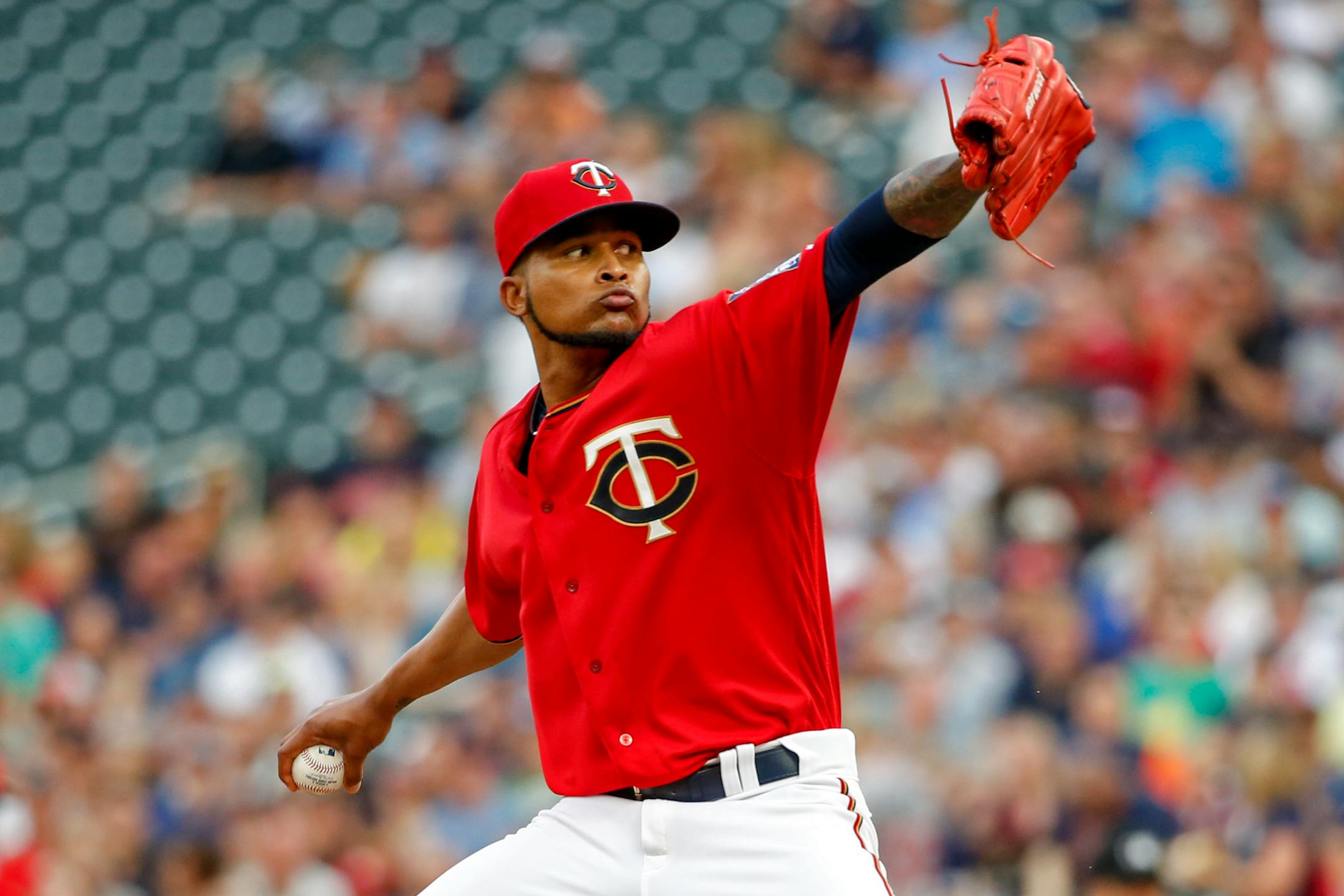 Minnesota Twins starting pitcher Ervin Santana throws to the New York Yankees in the first inning of a baseball game Friday, July 21, 2017, in Minneapolis. (AP Photo/Bruce Kluckhohn)