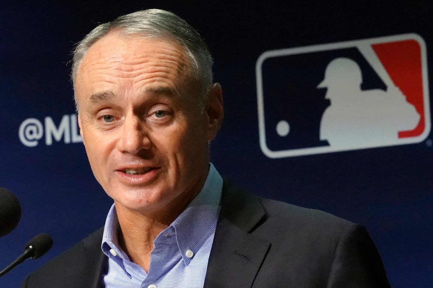 Major League Baseball commissioner Rob Manfred speaks during a news conference, Thursday March 10, 2022, in New York. Major League Baseball's acrimonious lockout ended Thursday when a divided players' association voted to accept management's offer to salvage a 162-game season that will start April 7. (AP Photo/Bebeto Matthews)