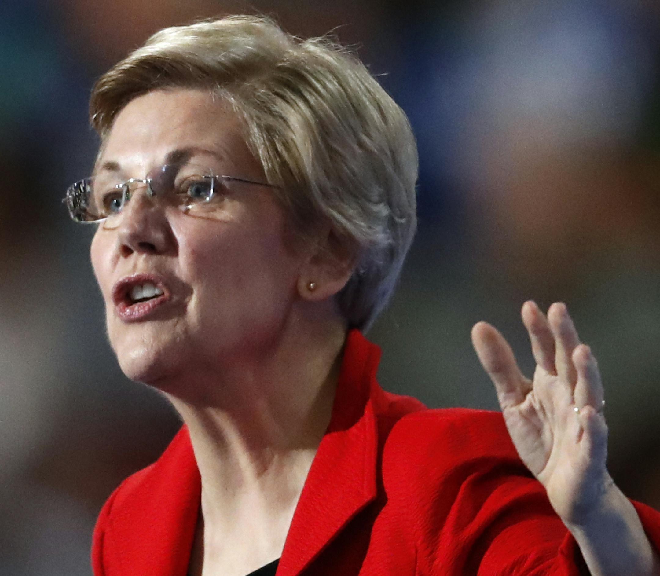 Sen. Elizabeth Warren, D-Mass. speaks during the first day of the Democratic National Convention in Philadelphia , Monday, July 25, 2016. (AP Photo/Paul Sancya)
