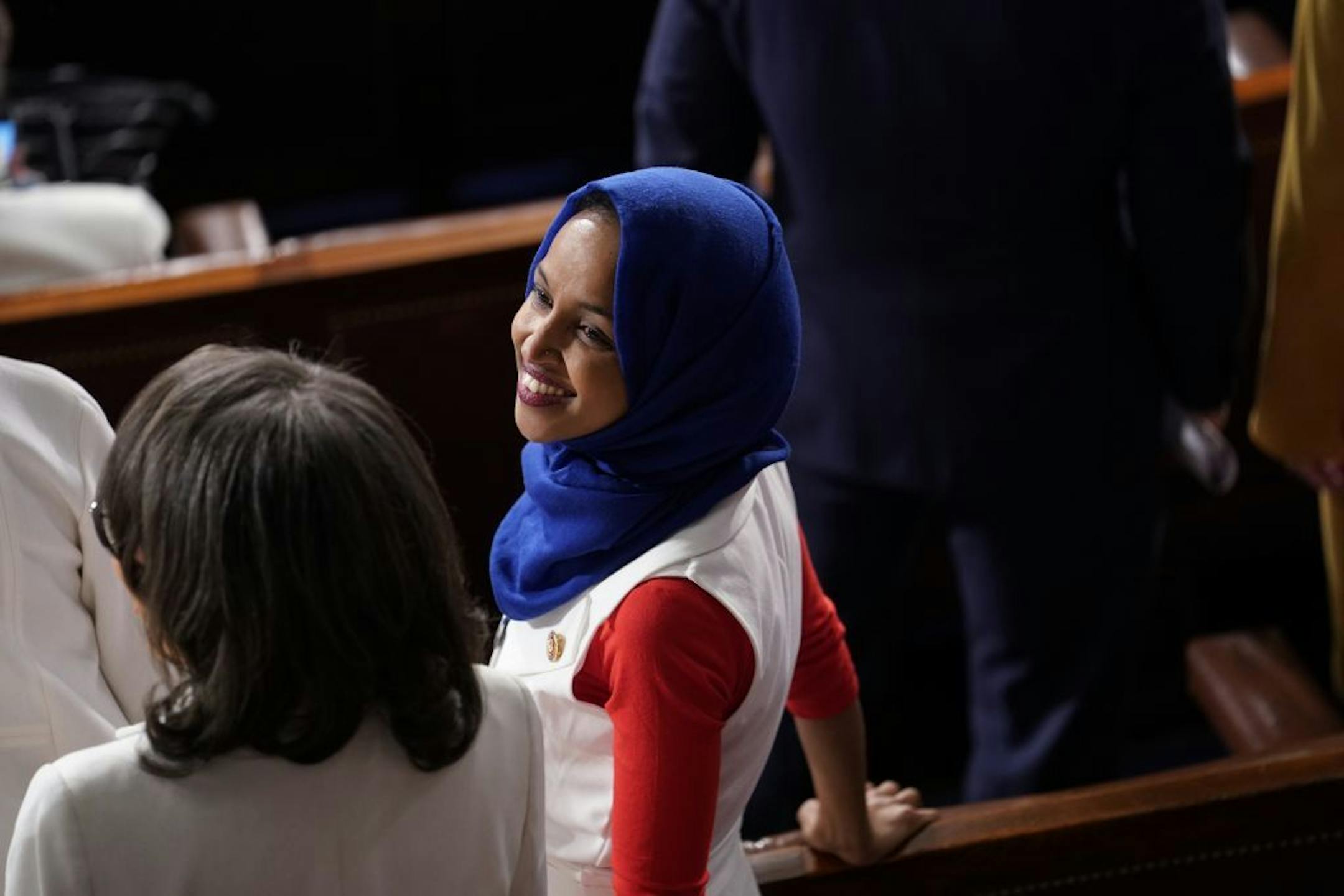 Rep. Ilhan Omar (D-Minn.) with fellow lawmakers ahead of President Donald Trump's State of the Union address, at the Capitol in Washington, Feb. 5, 2019.