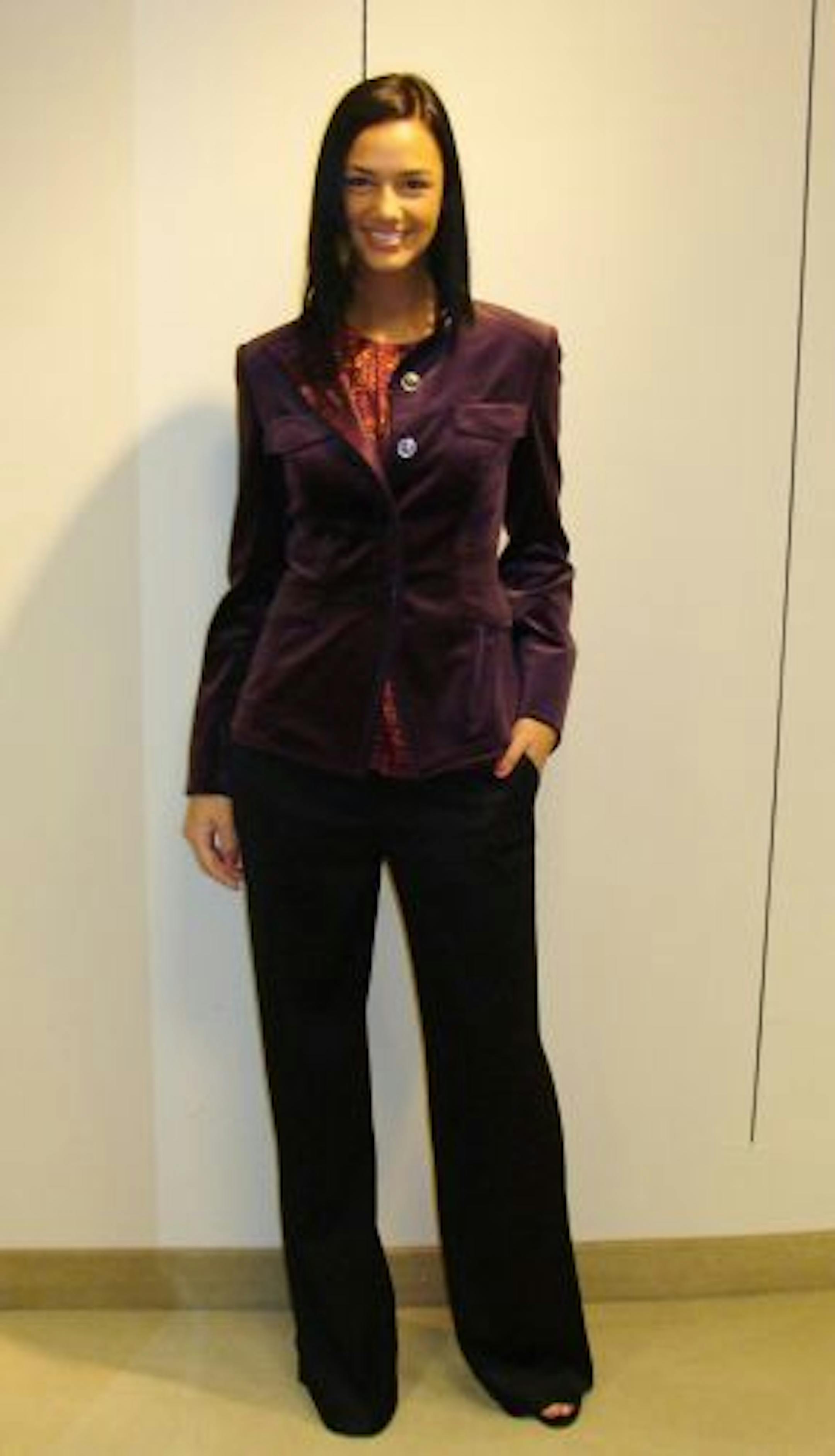 Purple velvet jacket ($395) by Anne Klein.
