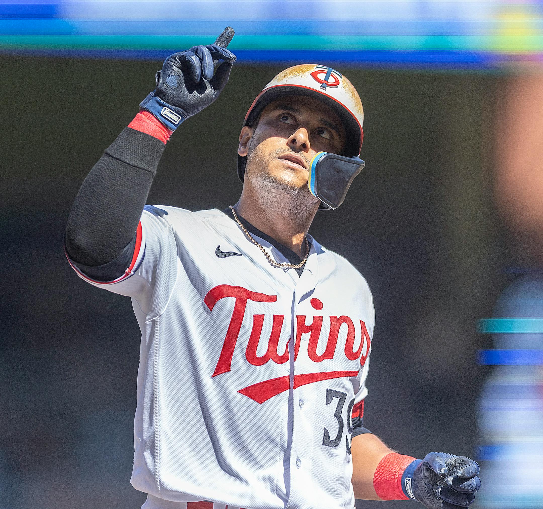 Minnesota Twins second baseman Donovan Solano (39) celebrates a single during the bottom of the seventh inning.