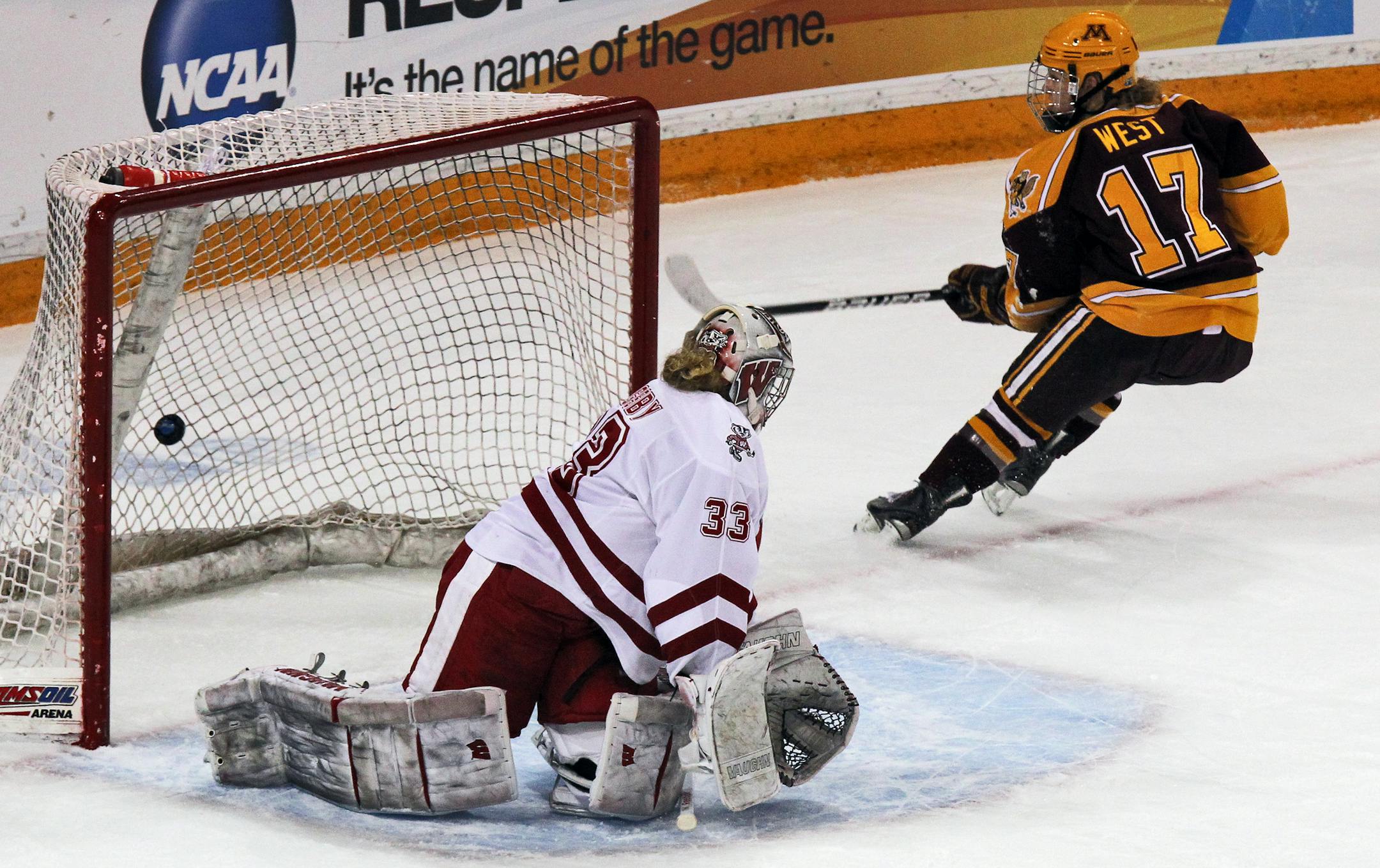The Gophers' Emily West beat Wisconsin goalie Alex Rigsby on a penalty shot in the first period of the NCAA title game last season.The Gophers finished 34-5-2 and are off to a 20-0 start this season.
