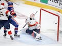 Panthers goalie Sergei Bobrovsky (72) gives up a goal to the Oilers' Adam Henrique (19) during the first period of Game 4 of the Stanley Cup Final on 