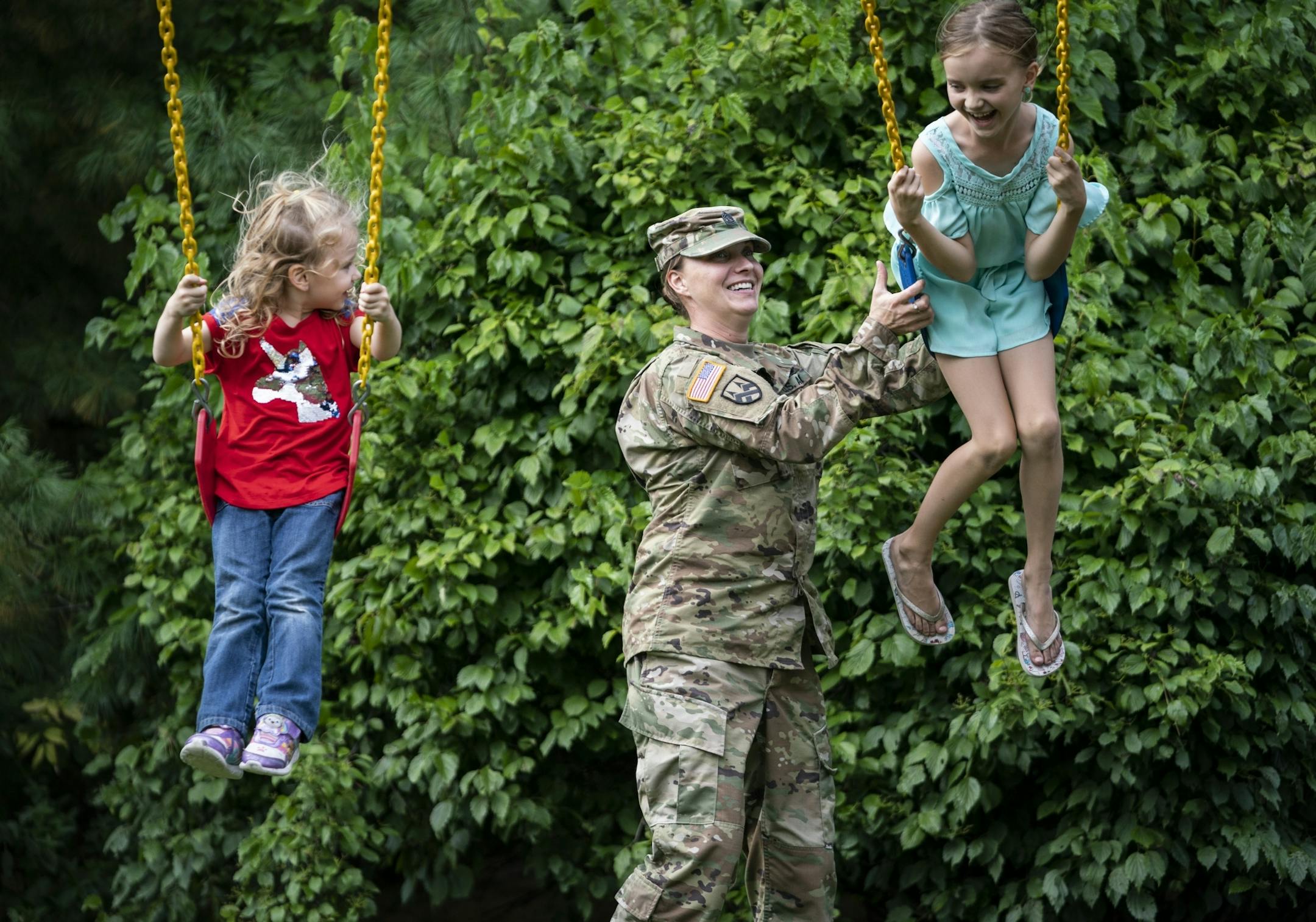 Jeanette Chafee pushed her daughters Madison, 8, and Ally, 3, on a swing-set at home in Scandia, Minn., on Wednesday, September 18, 2019.