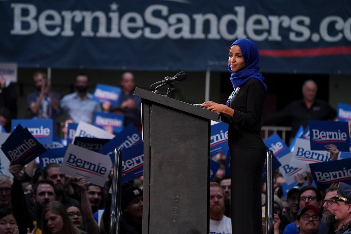 Rep. Ilhan Omar spoke before Bernie Sanders at Roy Wilkins Auditorium in St. Paul, Minn., on March 2, 2020 in St. Paul, Minn. ] RENEE JONES SCHNEIDER • renee.jones@startribune.com