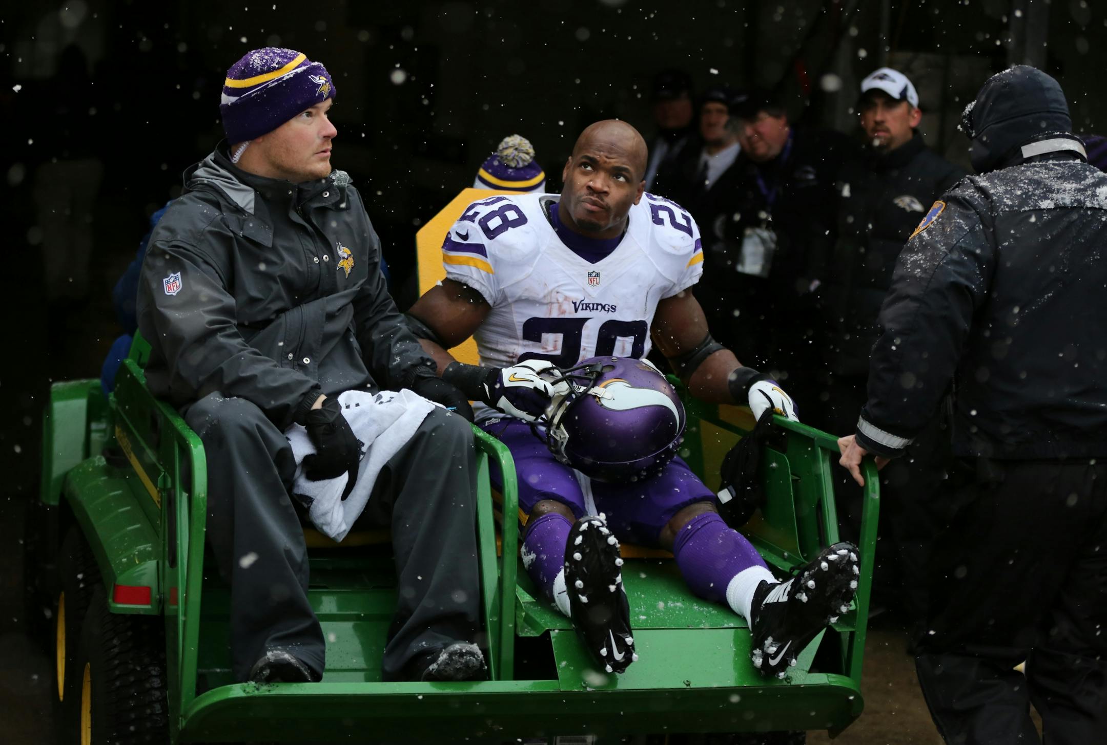 Vikings running back Adrian Peterson was carted off the field after injuring his ankle in the second quarter.