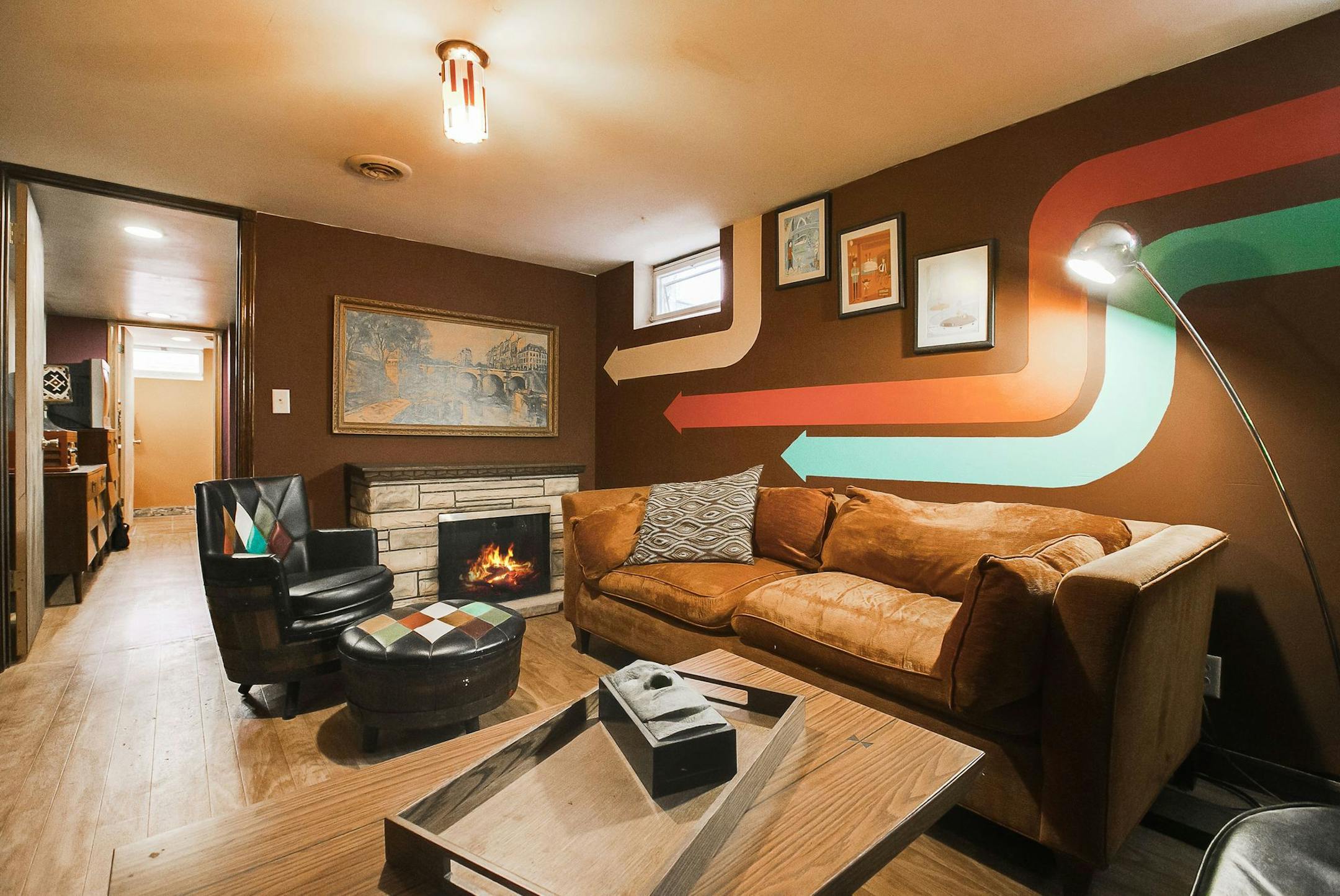 The retro touches continue in the lower-level family room.